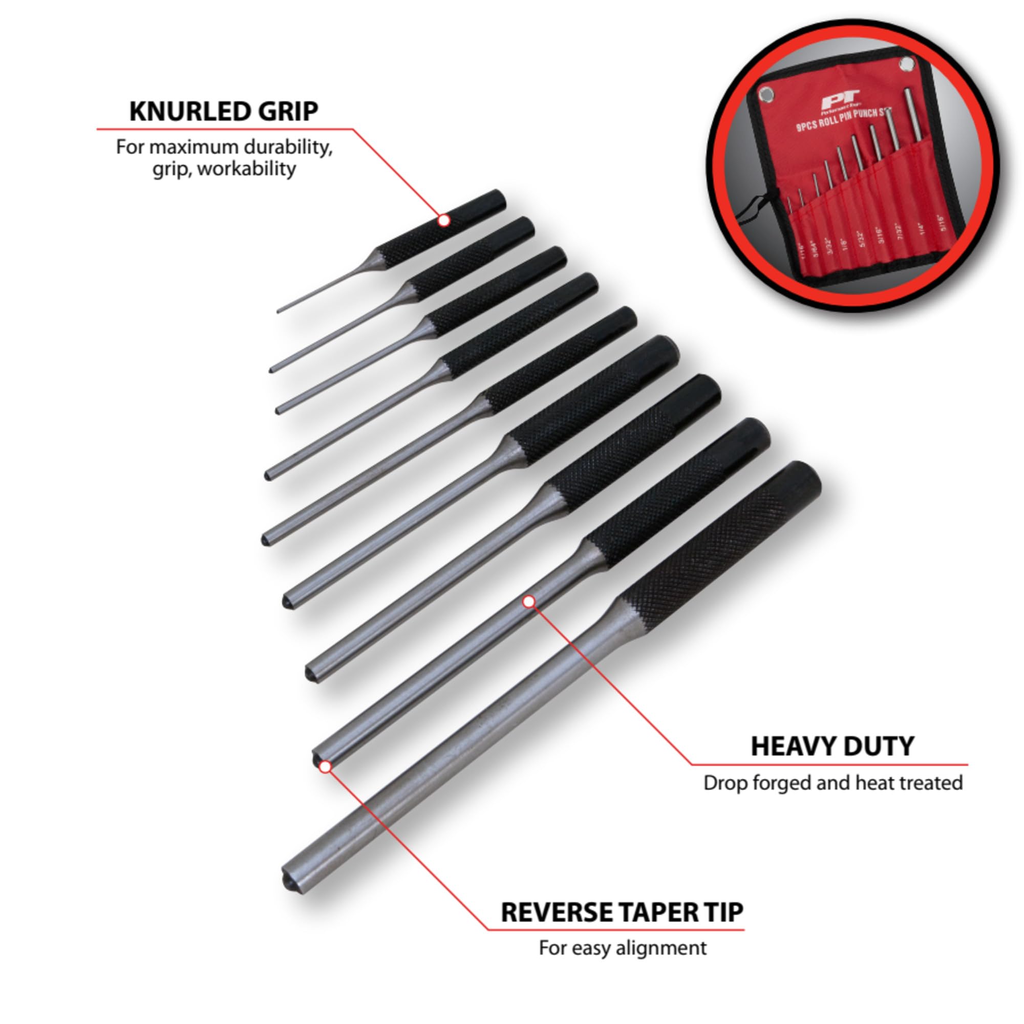 Performance Tool W7559 Roll Pin Punch Set (9Pc), 1 Pack, Tool Sets