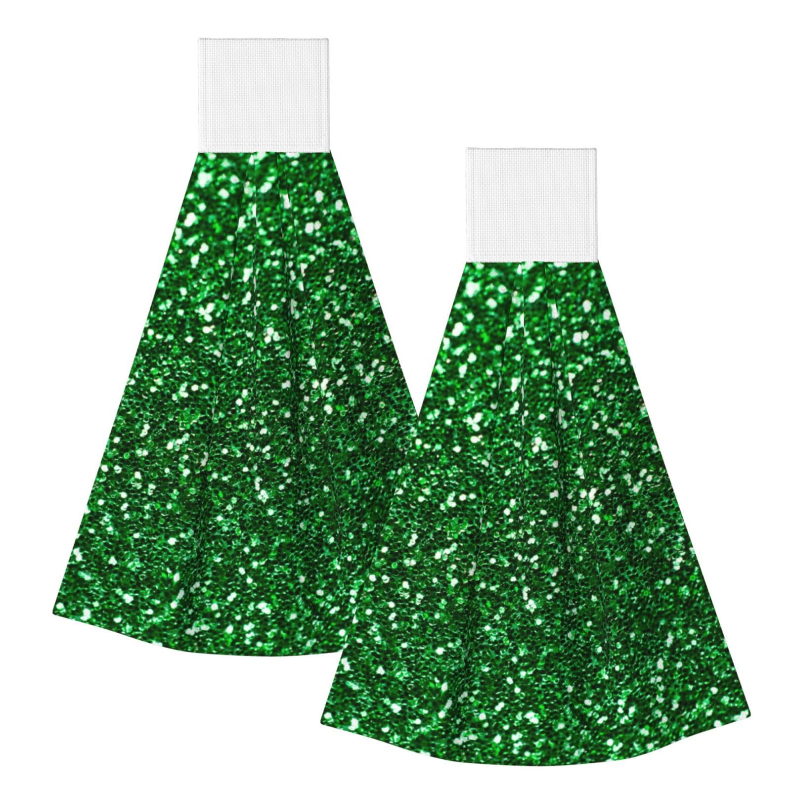 DOPKLNA Green Sequin Sparkle, 2 Pcs Hanging Coral Fiber Hand Towels for Bathroom, Absorbent Kitchen Towels