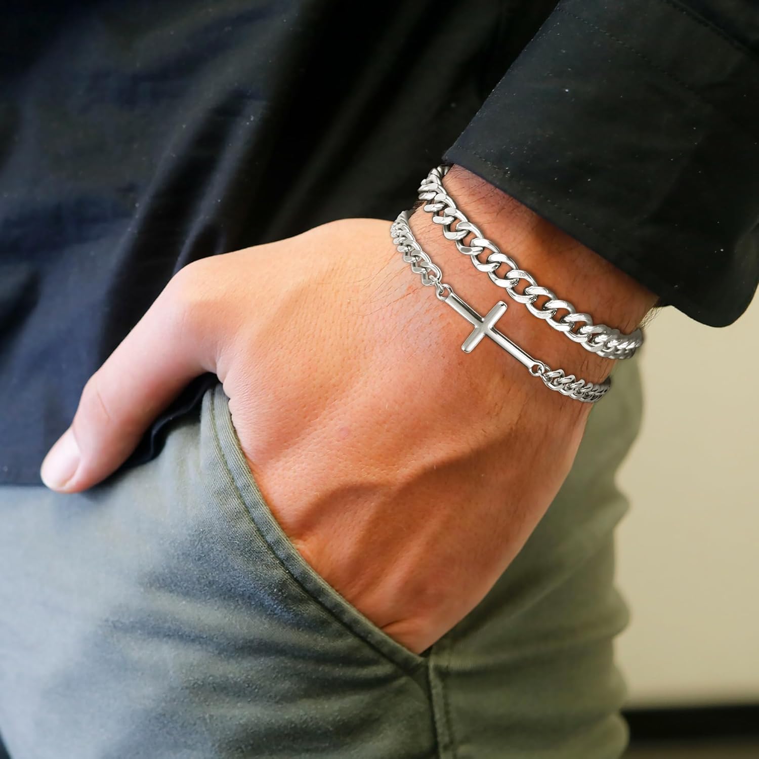 Silver and Gold Bracelet for Men, Cuban Chain Bracelet Set Water Proof Stainless Steel Bracelet for Him, Adjustable Gold Link Men Braclet as Valentines Jewelry Gifts for Boyfriend, Dad and Son - Image 6