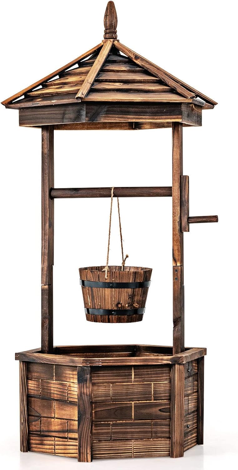 UJOYPAYD Wooden Wishing Well Planter,Outdoor Wooden