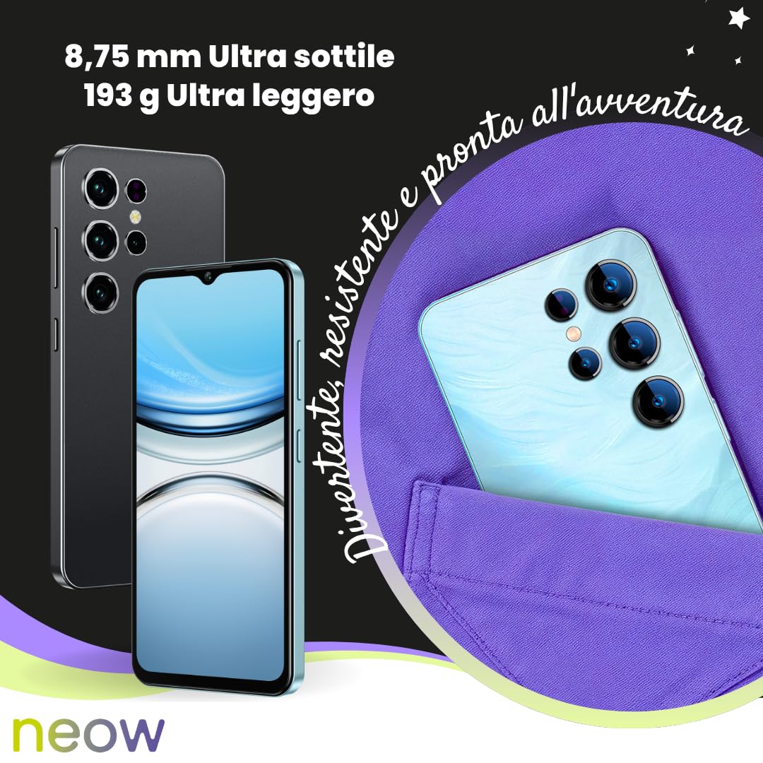 Neow Safe + Smartphone Android 15 4G 128 Go | Schermo HD+ da 6,52" | Smartphone per adolescenti | App scolastiche e divertenti preinstallate | Controllo genitori (nero)