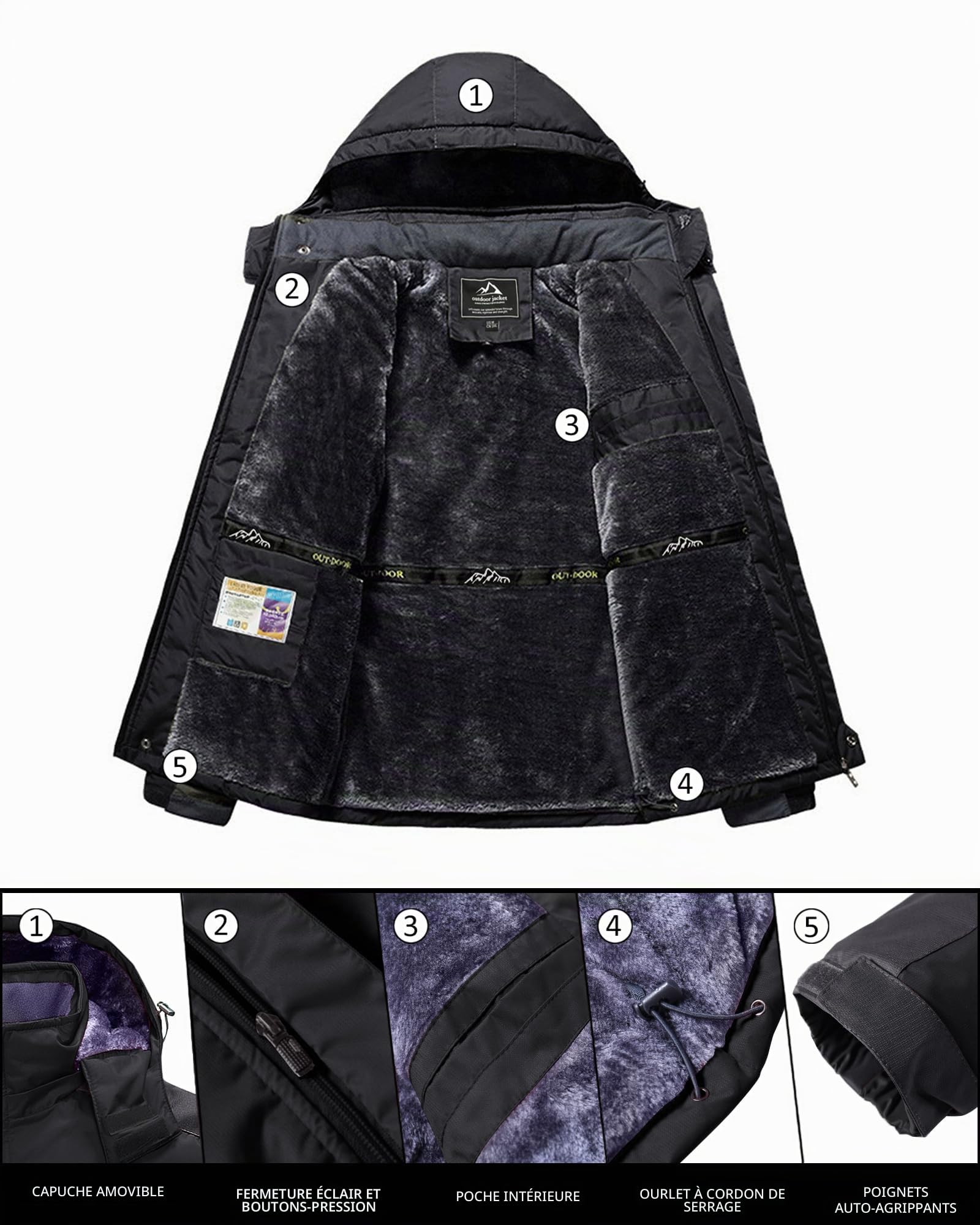 KEFITEVD Veste de Ski d'hiver Imperméable pour Homme Polaire Snowboard Vestes Pêche Randonnée Manteau avec Capuche Amovible