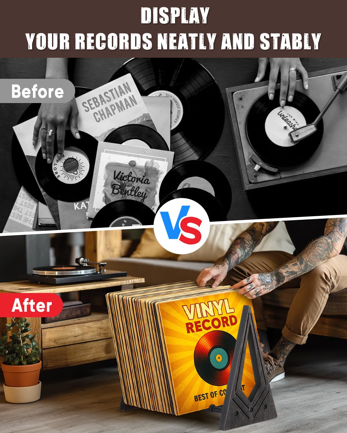 ONULISS Vinyl Record Storage, Retro Wooden Vinyl Holder Stand Display, Album Storage Organizer Box Crate, Desktop Rack Shelf Holds up to 60-70 LP Records for Magazine, Book, Files, Folders, Albums