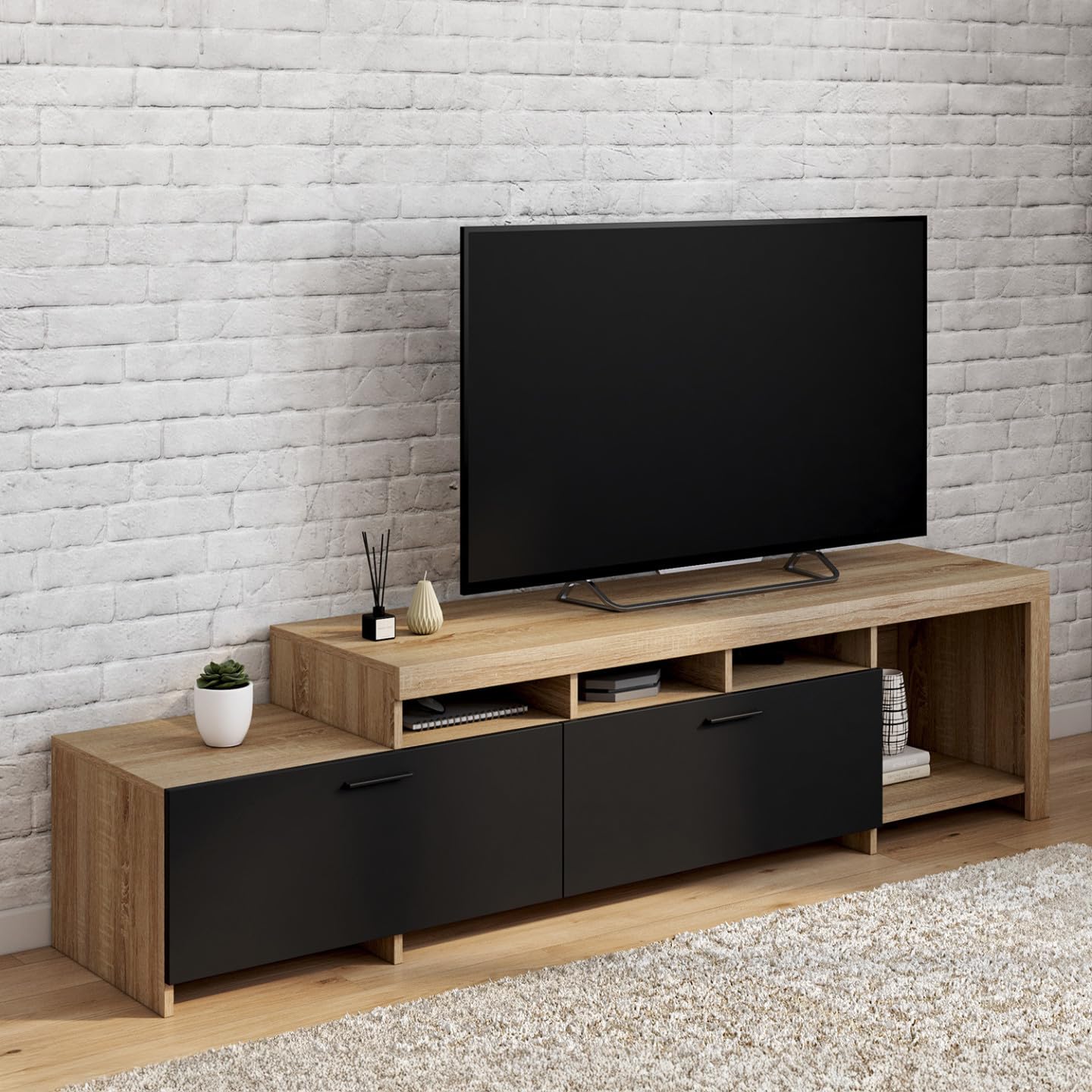 IDMarket - Meuble TV 180 cm Malo Bois et placards Noirs