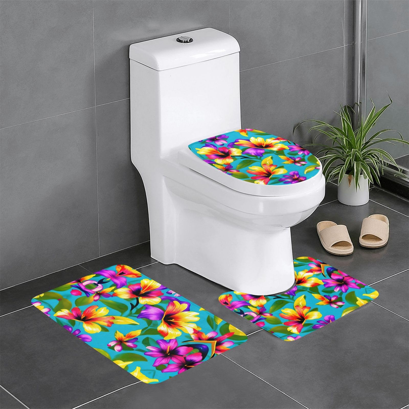 Tapis de bain hawaïen lot de 3 avec contour et couvercle de toilette fleuri