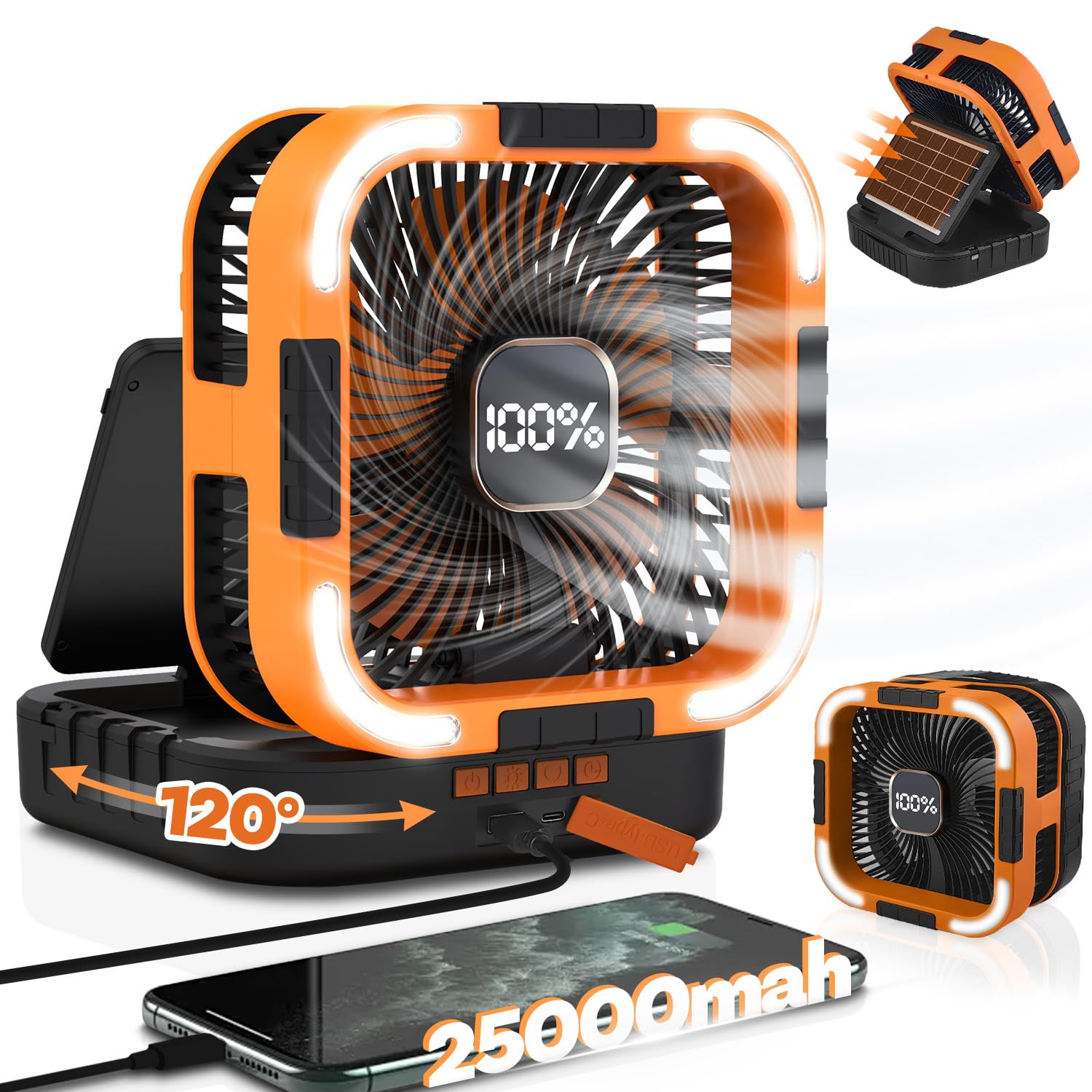 25000mah Camping Solar Fan, 120° Oscillation Rechargeable Solar Powered Fan  with LED Light, Adjustable Speeds Battery Powered Portable Fans, USB-C