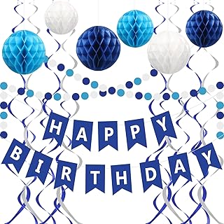 Blue Birthday Decorations - Navy Blue Happy Birthday Banner with 6 Honeycomb Balls, 6 Metallic Hanging Swirls and Circle Dot Garland Decroations for Men Boys Birthday Party Decorations