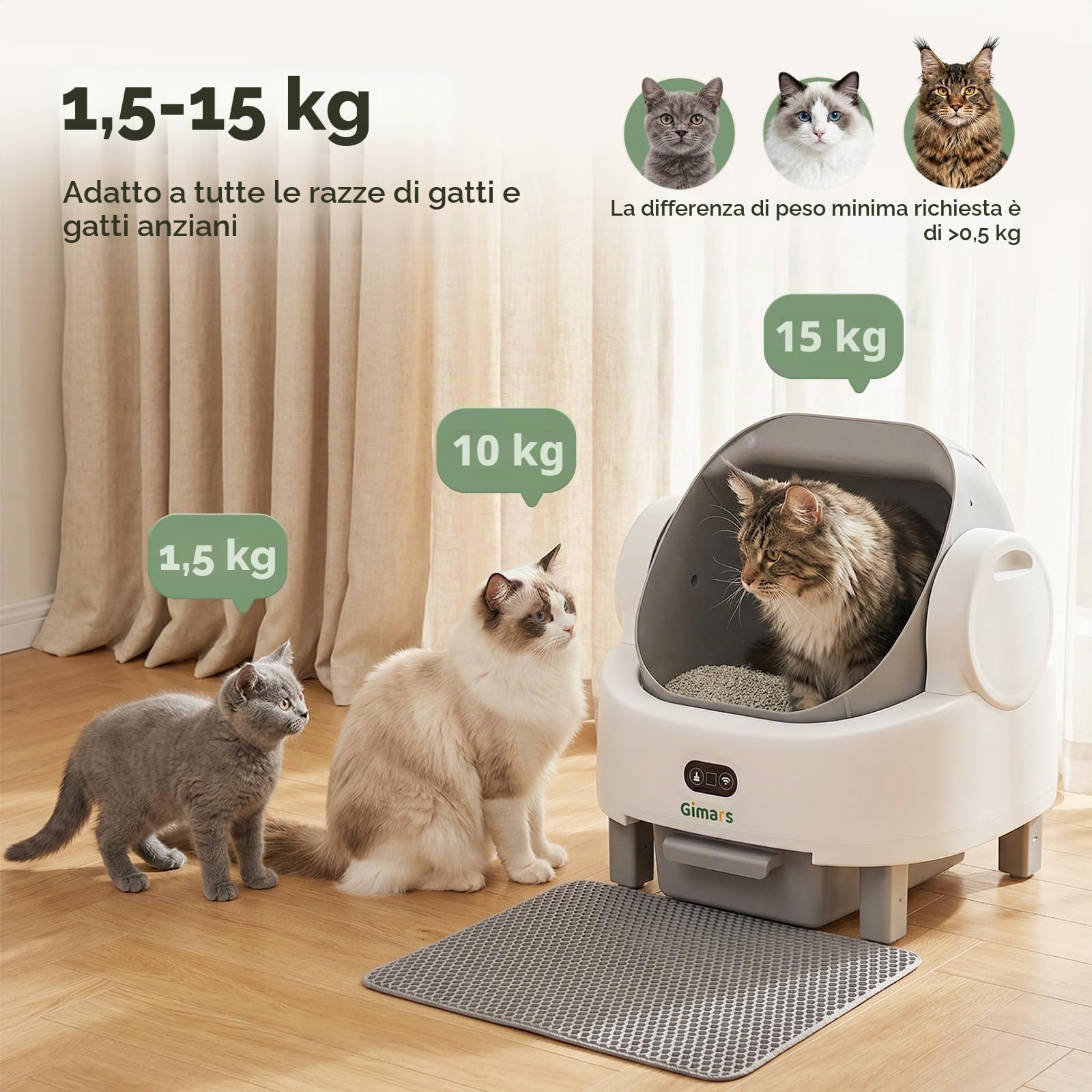 Gimars Lettiera autopulente dal design aperto, per più gatti e gatti anziani, controllo tramite app con sensori di sicurezza, basso odore, include sacchetti della spazzatura e tappetino, bianco con