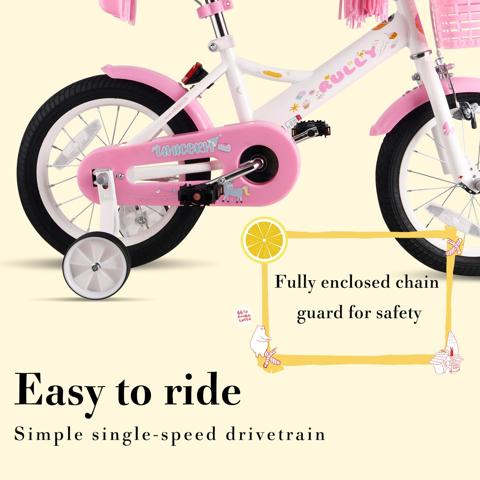 RULLY Vélo Enfant 16 Pouces pour Filles de 4 à 7 Ans, avec roulettes Stabilisatrices, Frein Avant, Panier, Rubans Décoratifs – Couleur Blanc