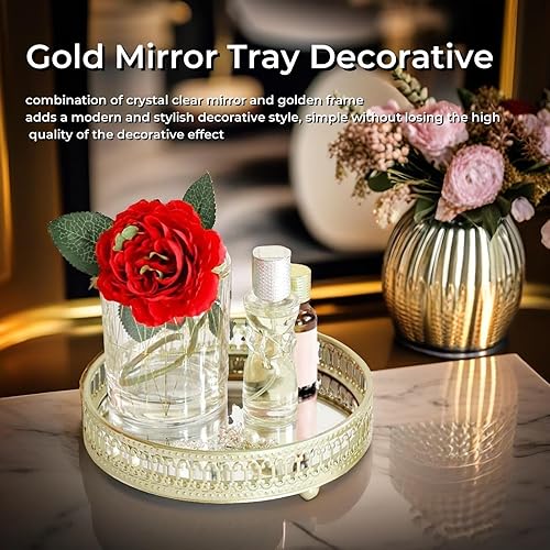 Miniatura 3 de Bandeja de espejo, bandeja de espejo dorada, bandeja redonda ornamentada, organizador de perfumes, bandeja de maquillaje, bandeja organizadora de