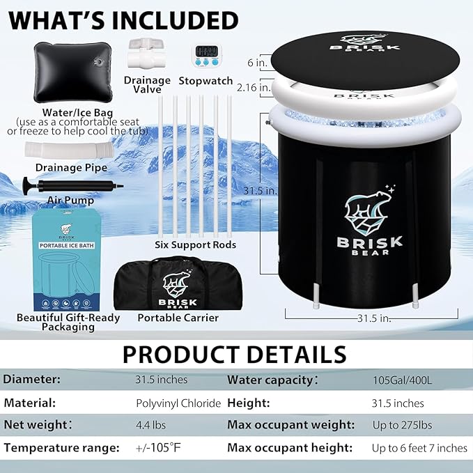 Ice Bath Tub for Athletes with Cover by Brisk Bear - Extra Large Cold Plunge Tub for Recovery - Inflatable Ice Bath Barrel Plunge Pool - Cold Plunge to Soothe Muscles - Black Ice Tub
