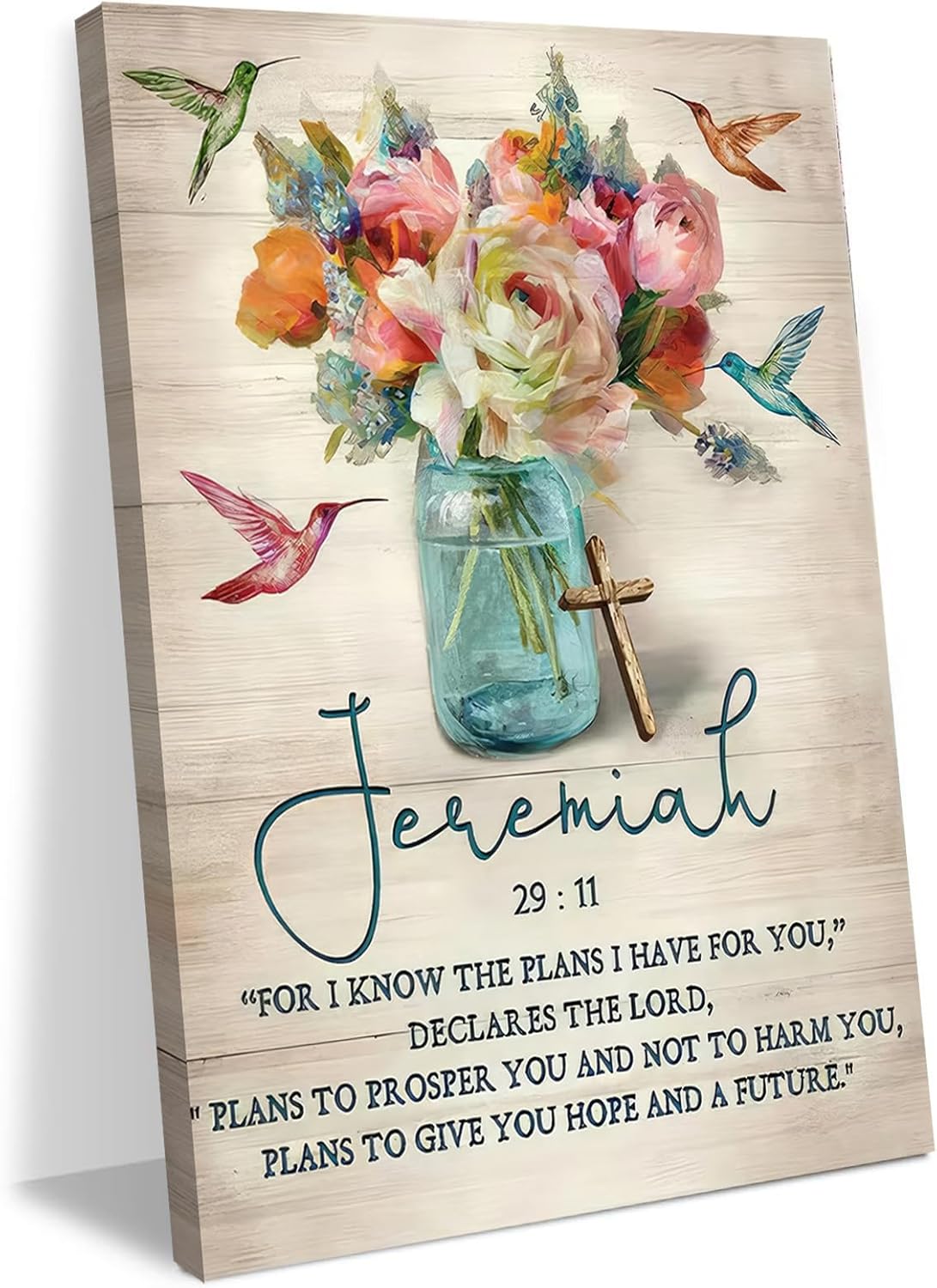 Framed Jeremiah 29:11 Bible Verse Wall Art Christian Floral Poster with Hummingbirds and Cross Scripture Canvas Painting Prints Faith Religious Picture Décor for Bedroom Living Room16x24 Inches