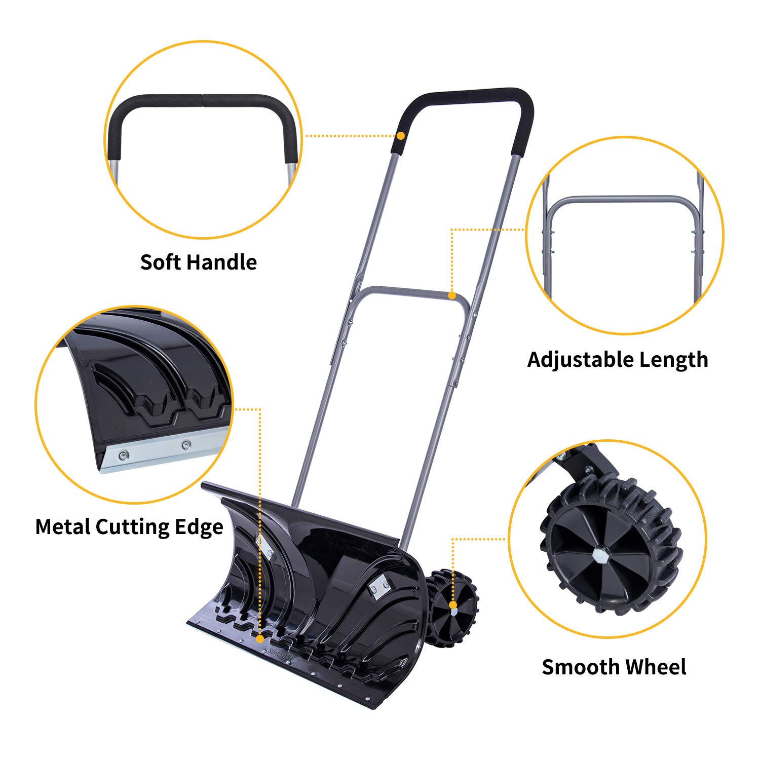 Sunkorto Rolling Snow Pusher, Heavy Duty Snow Plow Shovel with Wheels