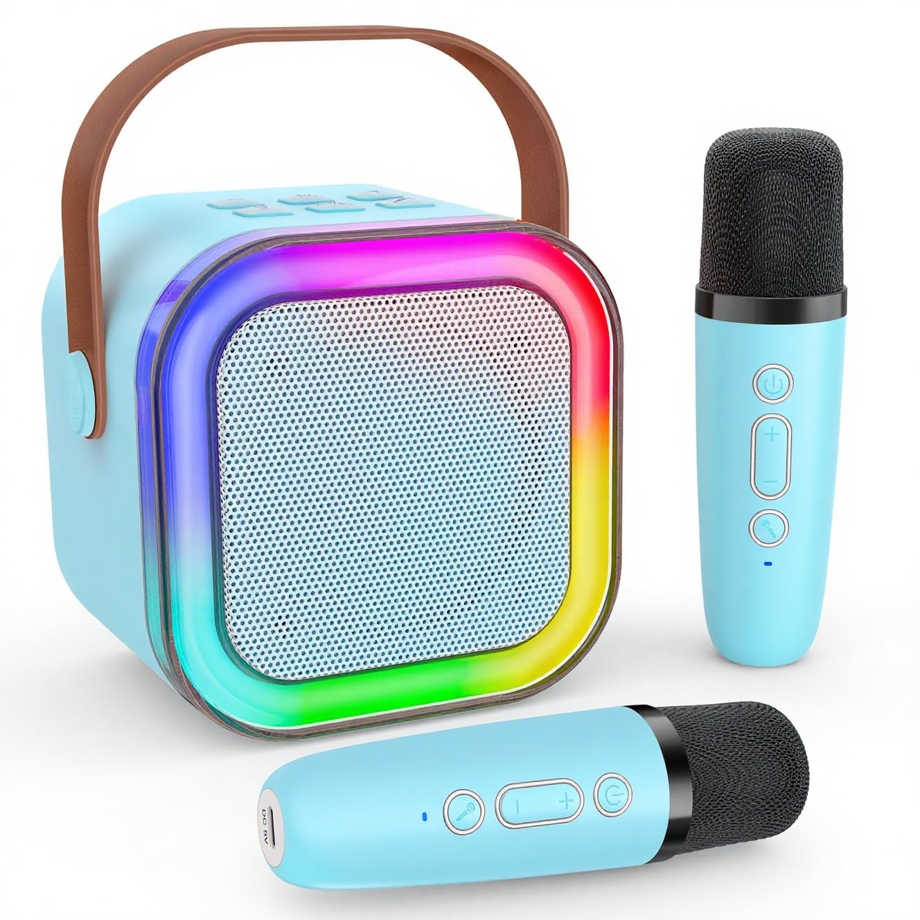 Kids Karaoke Speaker with Wireless Microphone | Portable Bluetooth Singing Machine with LED Lights | Mini Rechargeable Karaoke System for Boys & Girls (2 Mic, Blue)-image-40