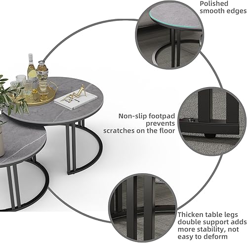Miniatura 4 de Wisfor Mesa auxiliar redonda anidada juego de 2 mesas auxiliares de piedra sinterizada gris con patas de metal de doble polo, 27.56 x 16.14 pulgadas