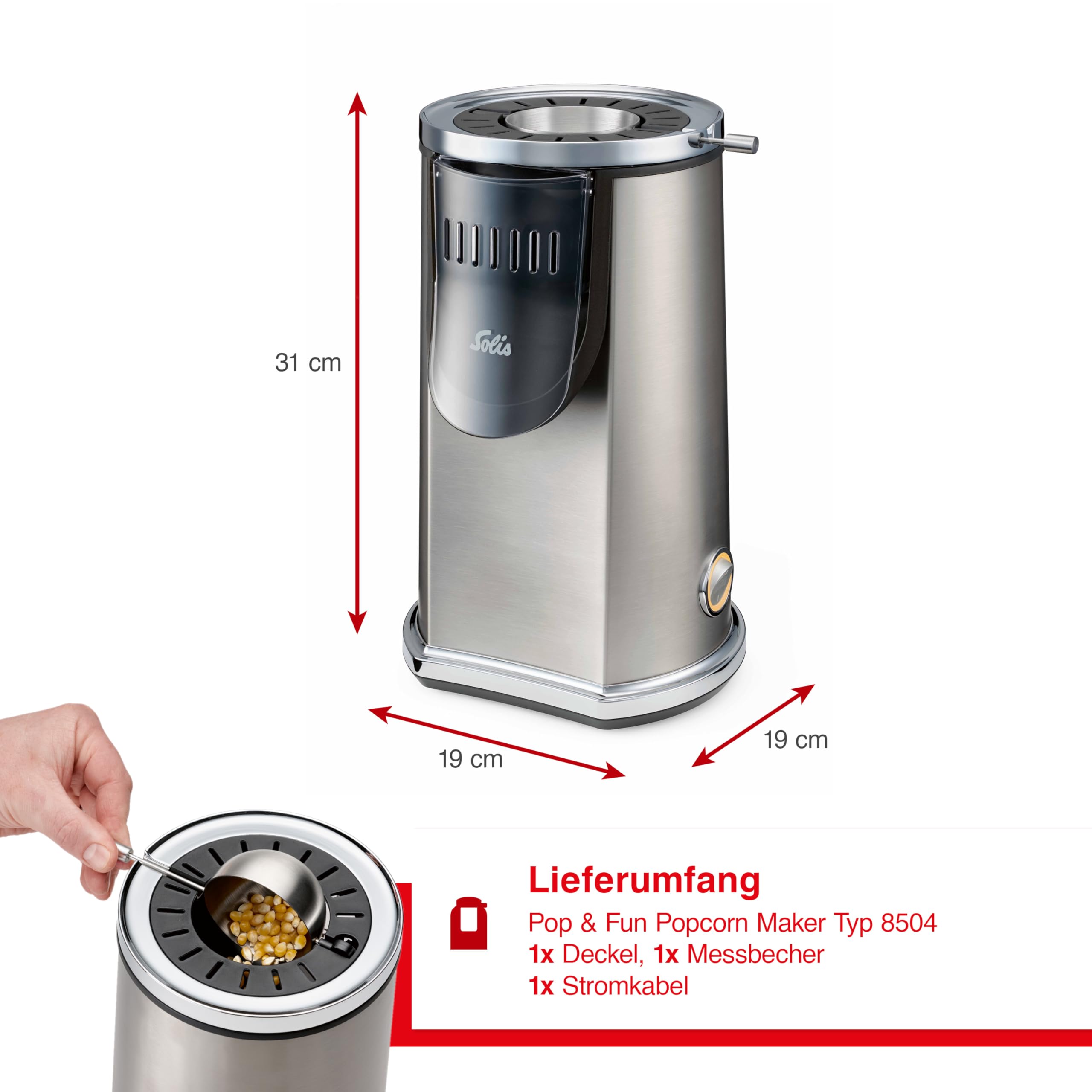 Solis Pop & Fun Popcornmaschine – schnelle & geräuscharme Zubereitung, Edelstahl, 2-in-1 Butterschmelzfunktion, BPA-frei, Anti-Fingerprint – für Popcorn zuhause & Filmabende
