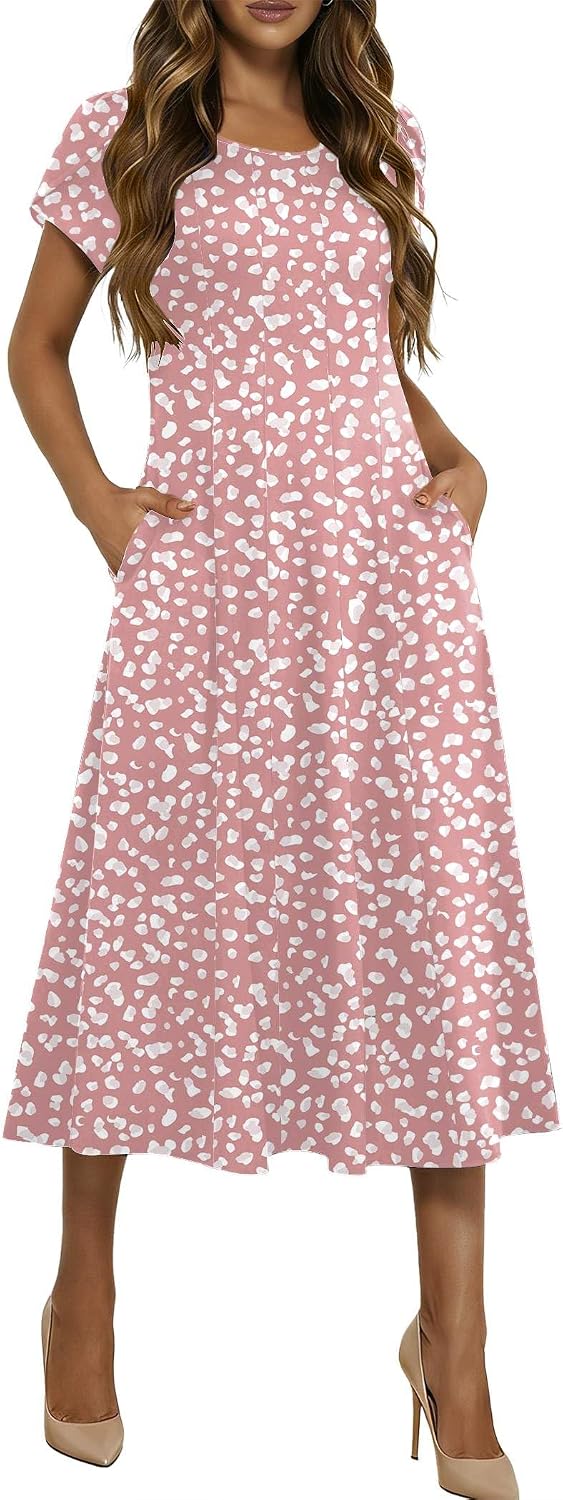 HOTOUCH Summer Dresses for Women 2026 Casual Midi Dress Petal Short Sleeve A Line Dress Pleated Flare Sundress