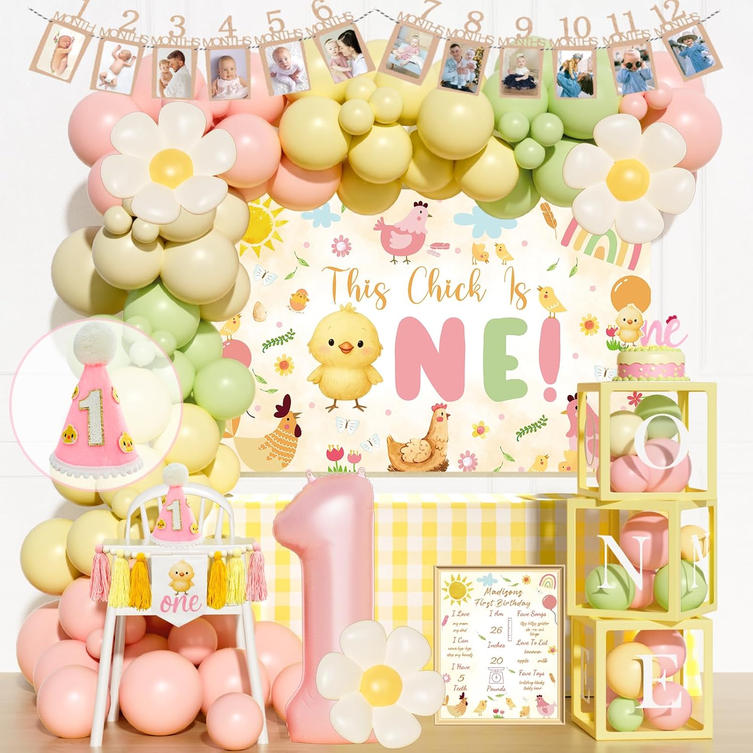 This Chick is One Birthday Decorations – 127PCs One Cute Chick Birthday Party Supplies with Balloon Garland, Backdrop, Highchair Banner, Photo Banner, Daisy Foil Balloon, Cake Topper