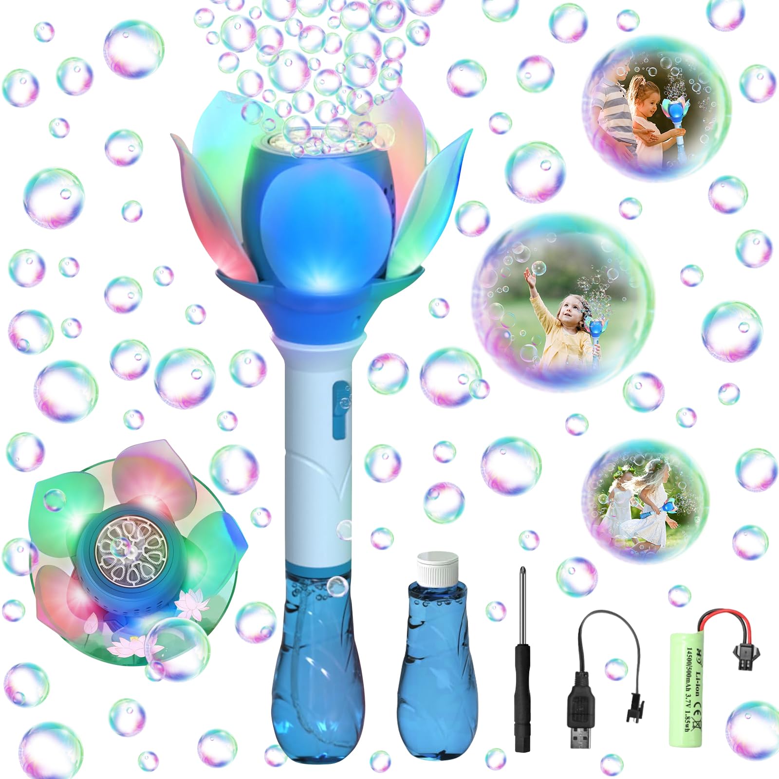 Pistola Pompas De Jabon Niños, Pistola De Burbujas para Niños De Loto, Varita Burbujas De Jabon Niños con Solución De Burbujas De Más De 10000 Burbujas/Minuto, para Exteriores/Fiestas/Bodas (Azul)