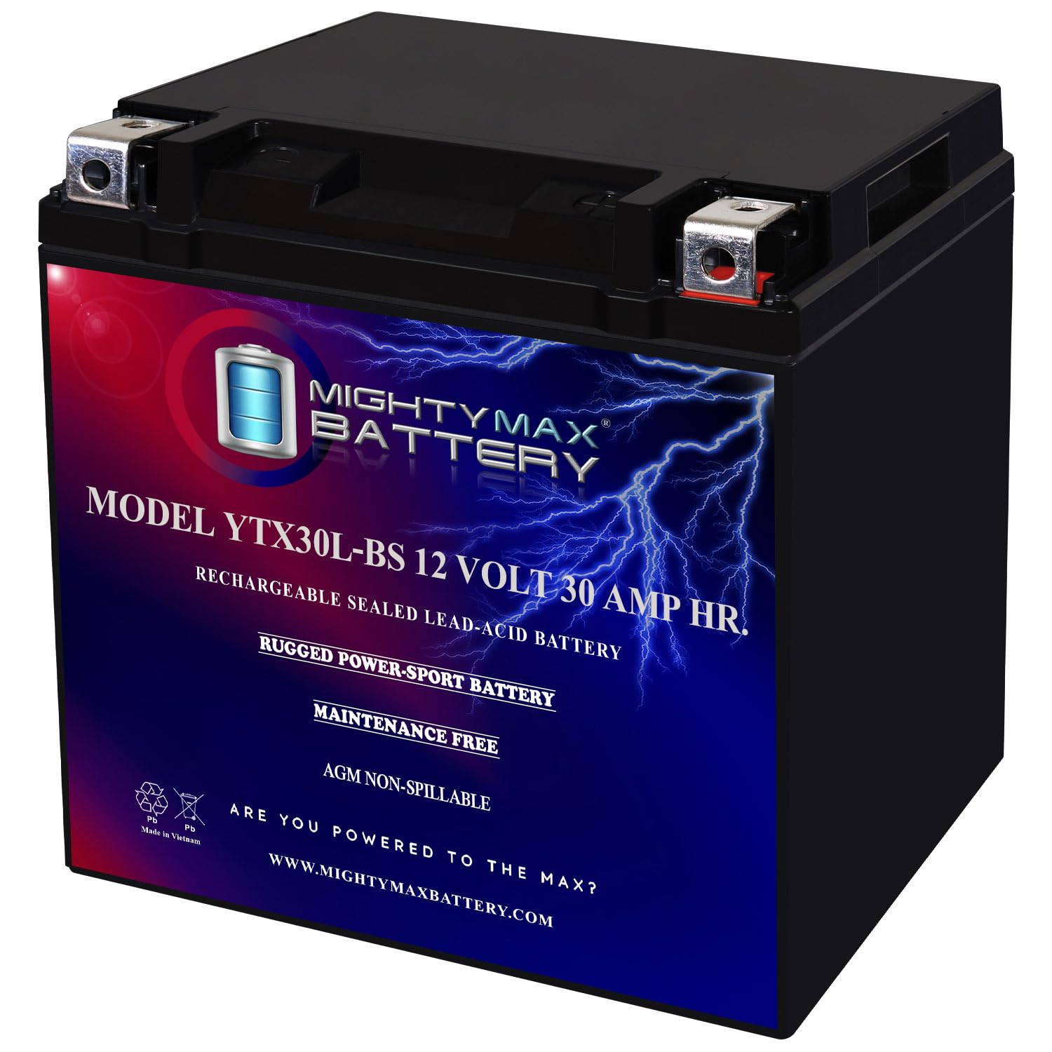 Mighty Max Battery YTX30L-BS -12 Volt 30 AH, 385 CCA, Rechargeable Maintenance Free SLA AGM High Rate Series Motorcycle Battery