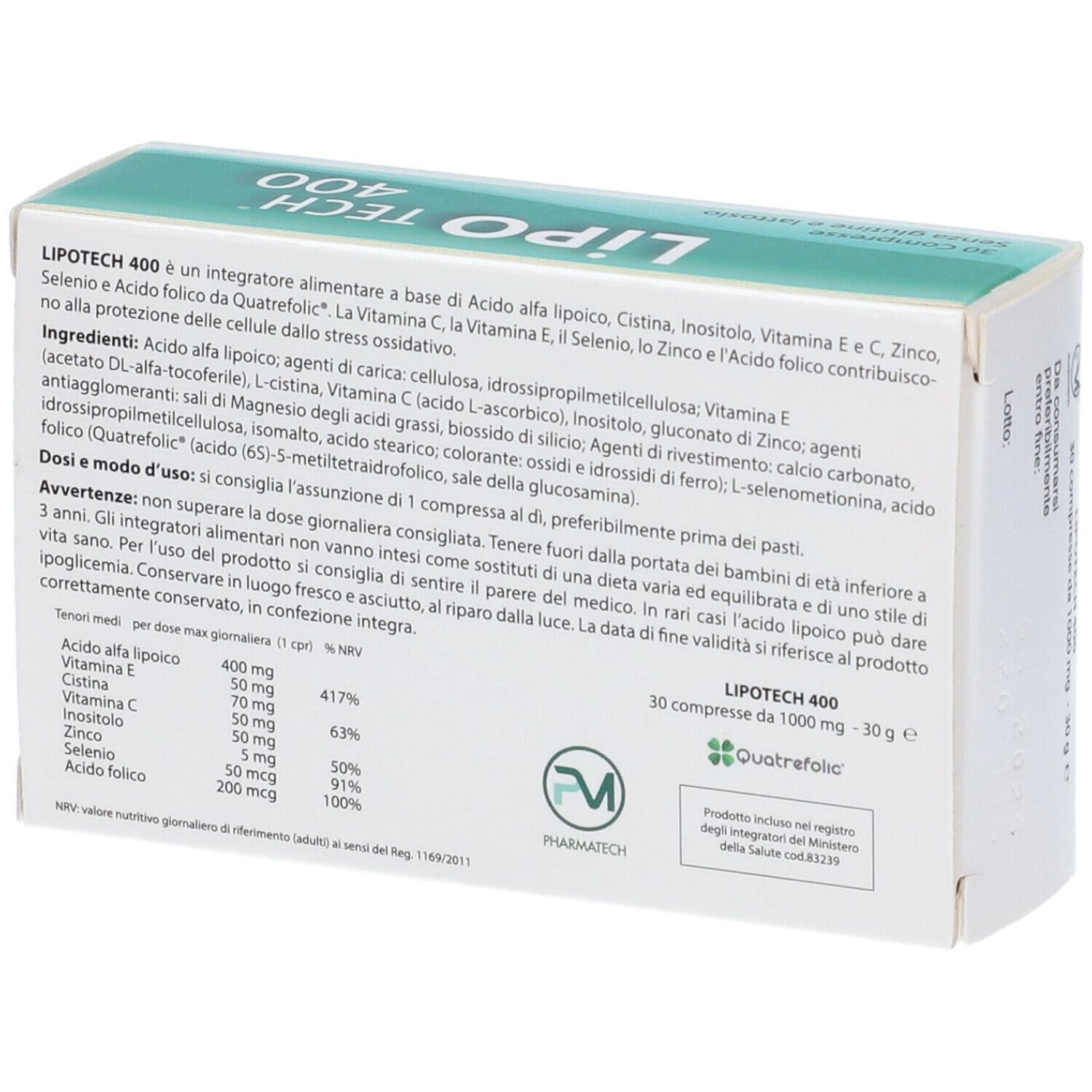 LIPOTECH 400 30CPR - Integratore alimentare ad azione antiossidante a base di acido alfa lipoico