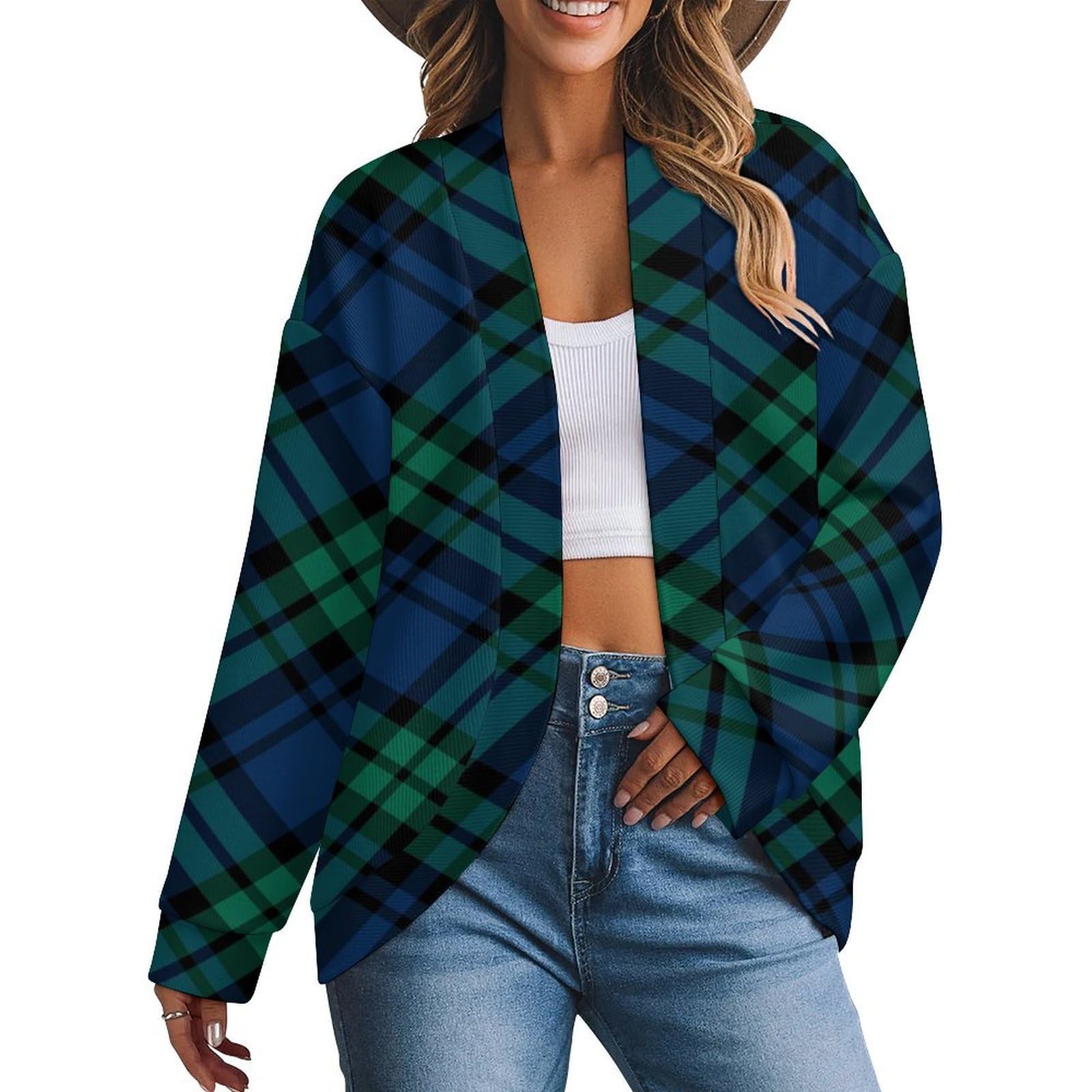 XYPSHN Christmas Red Black Plaid Womens Open Front Sweater Long Sleeve Shoulder Cardigans Loose Coats Pullover Loungewear