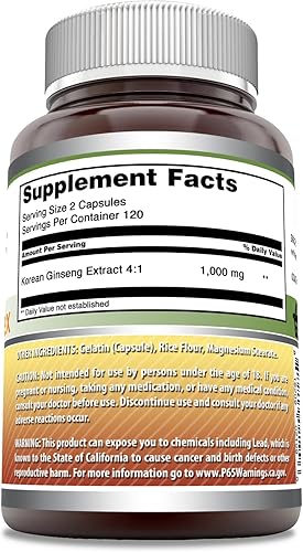 Miniatura 2 de Amazing Formulas Complejo de ginseng de 1000 mg de extracto de ginseng coreano 41, suplemento de 120 cápsulas  Sin OMG  Sin gluten  Fabricado en