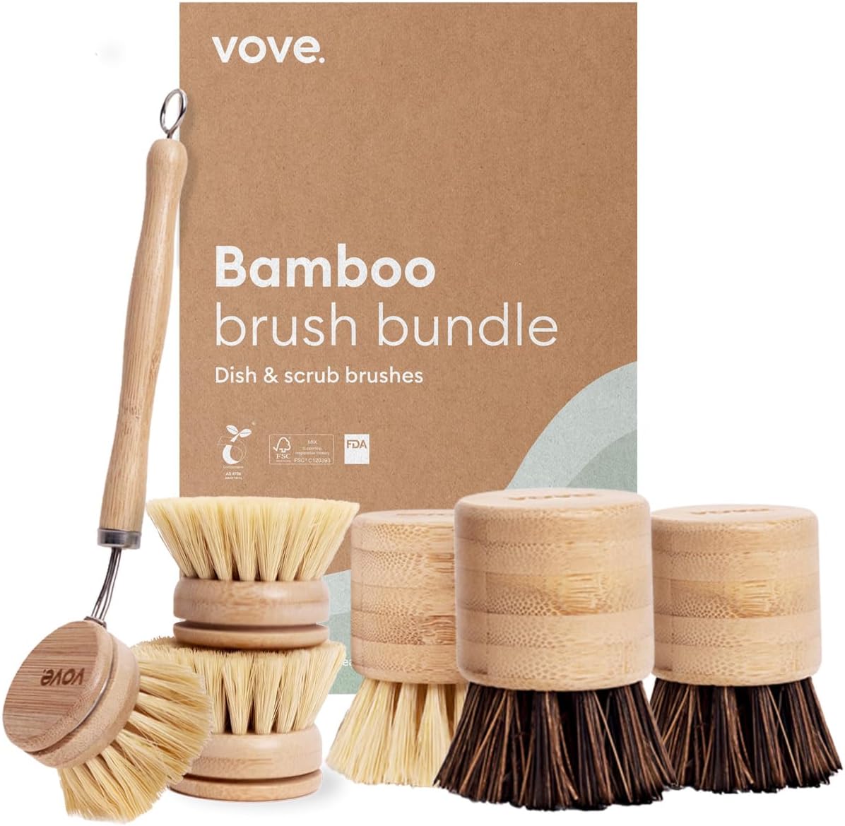 | Dish Brush Bundle | Bamboo Dish & Scrub Brush | with 3 Replacement Heads | Eco-Friendly Cleaning Bundle | Natural Fiber | Plastic Free | Sustainable Dish Brush | for Washing and Cleaning |