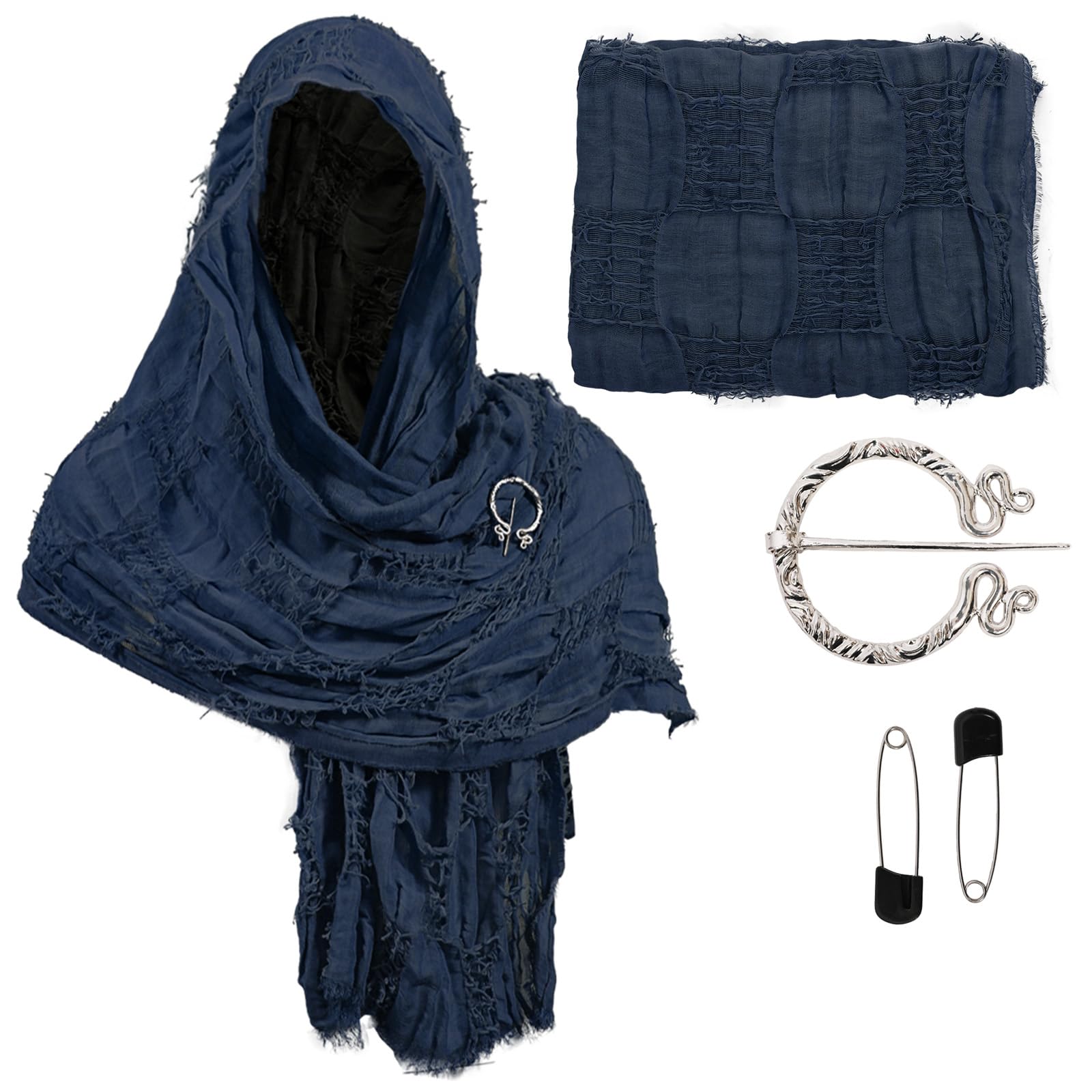 Skknuny Dune Adult Medieval Hooded Shawl Scarf Renaissance Viking Cowl Cloak Wrap Wasteland Sand Hooded Shawl with Viking Brooch (Blue) - Image 2