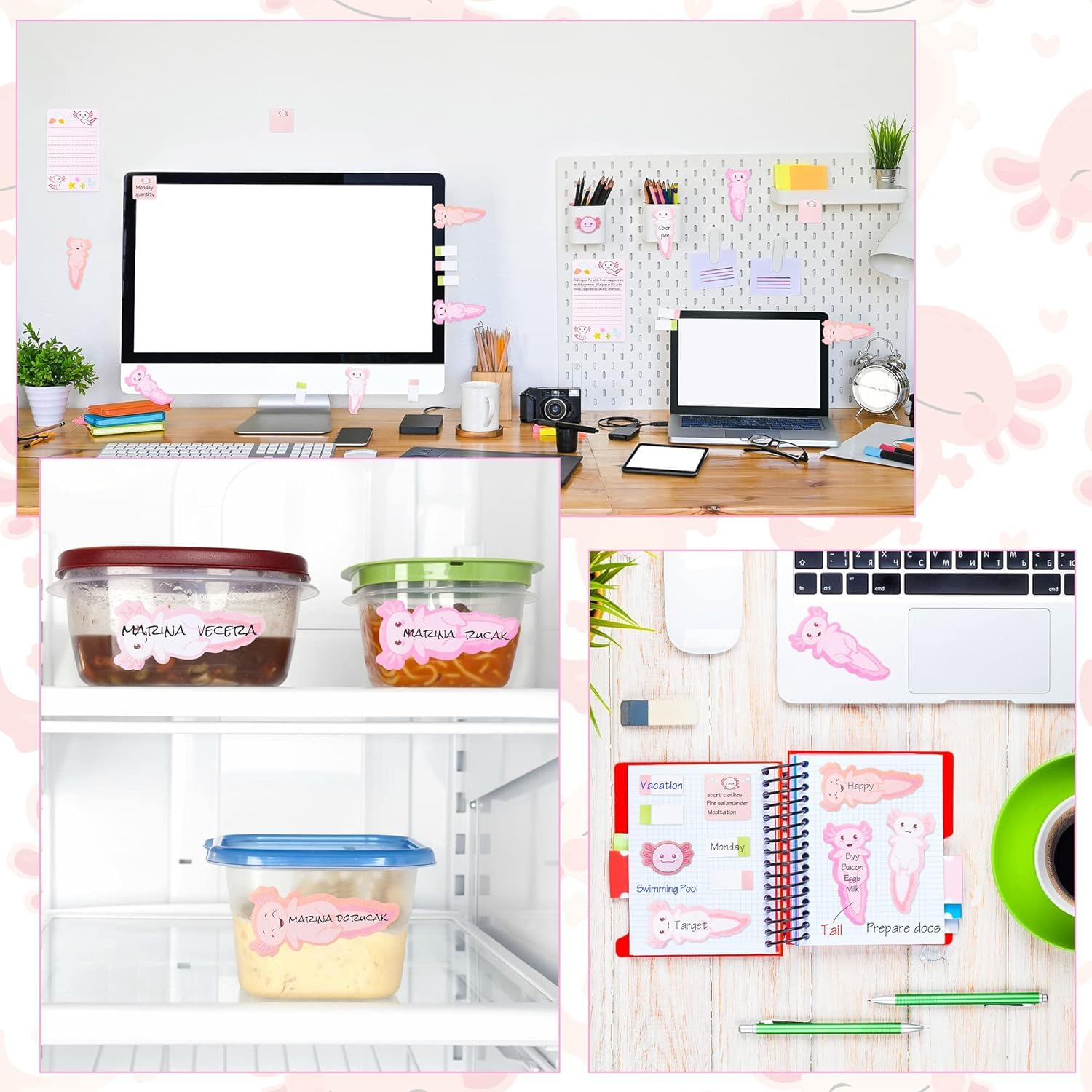 EGuangwiua Axolotl Klebezettel Set - 550 Blätter Niedliche Cartoon Haftnotizen In Rosa | Für Schüler & Büro