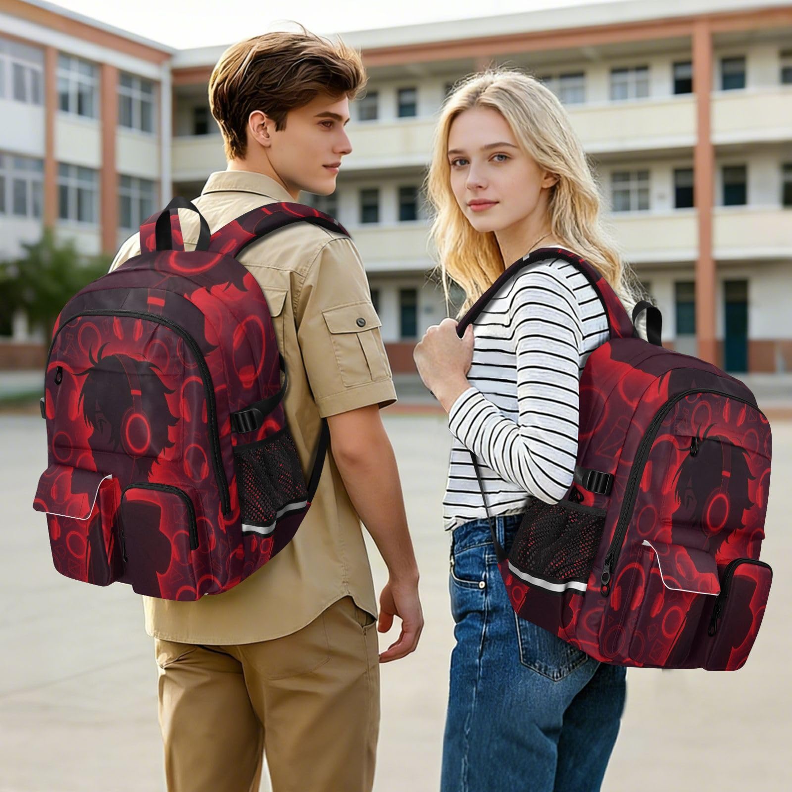 Zaini da viaggio per computer portatile, con motivo anime, con cuffie, colore rosso, 44,5 cm
