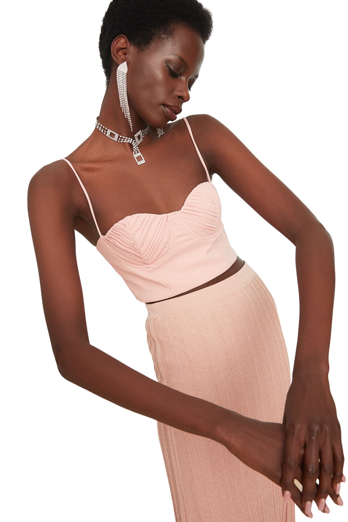 Trendyol Women's Salmon Regular Fit Crop Sweetheart Woven Bustier,,38
