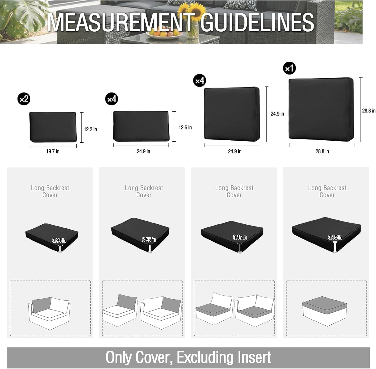 11pcs Patio Cushion Covers Replacement,Outdoor Couch Cushions Covers Splashproof Sectional Sofa Slipcovers with Zippers Washable Reusable Furniture Protector(Black, 24.9" L*24.9W*3.15" H)
