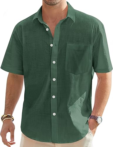 Miniatura 61 de J.VER Camisas de manga corta de lino y algodón para hombre, estilo informal, ligeras, con botones, para vacaciones, playa y verano, con bolsillo