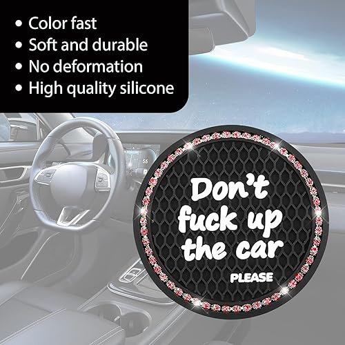 Miniatura 9 de 4 posavasos estampados con frase popular para automóvil, de 2.75 pulgadas, anillo exterior con incrustaciones de diamantes de imitación, posavasos