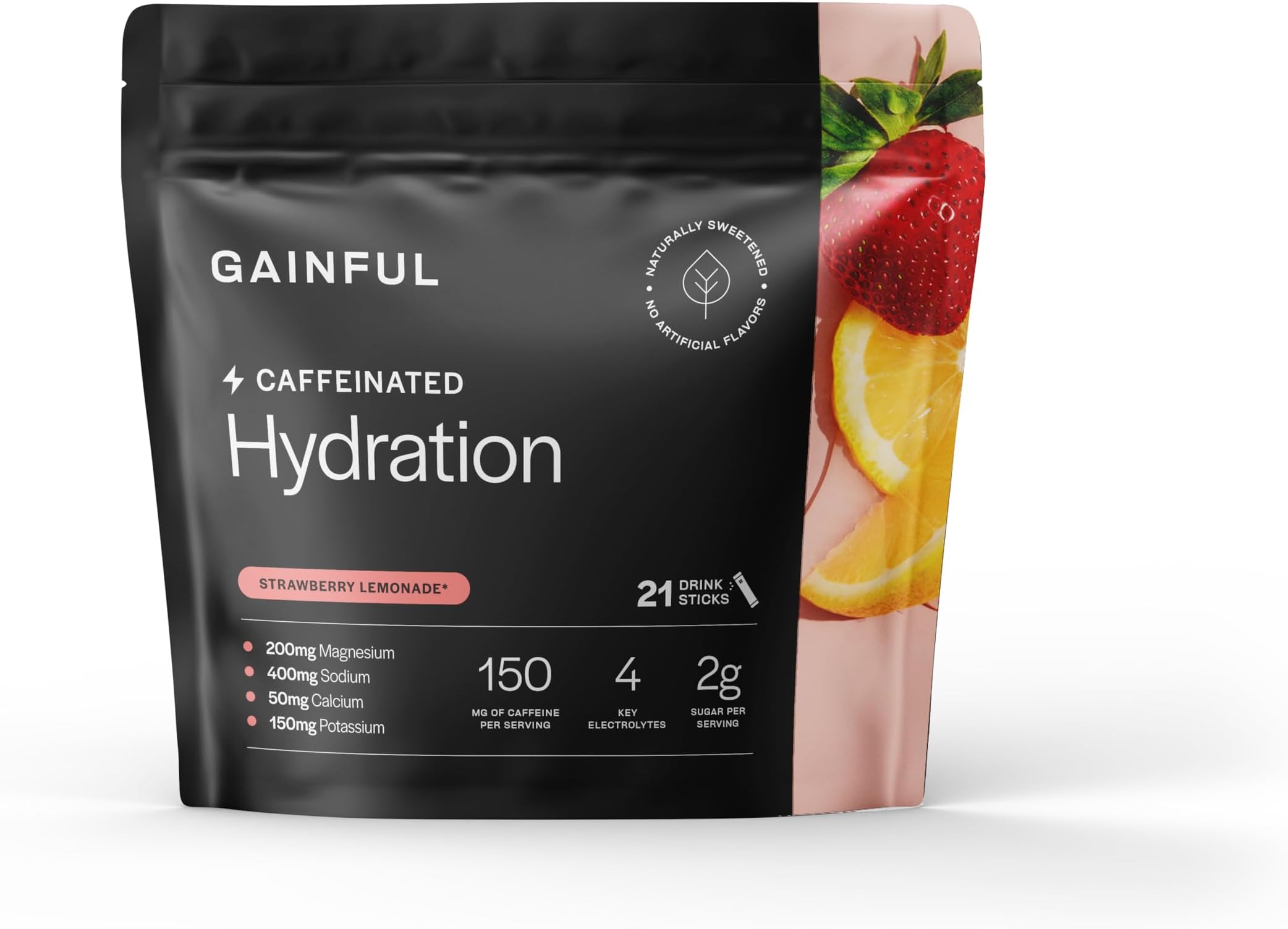 Gainful Hydration + Caffeine Powder Packets with Key Electrolytes Magnesium & Sodium + L Theanine, Low Sugar Drink Mix, Strawberry Lemonade, 21 Sticks
