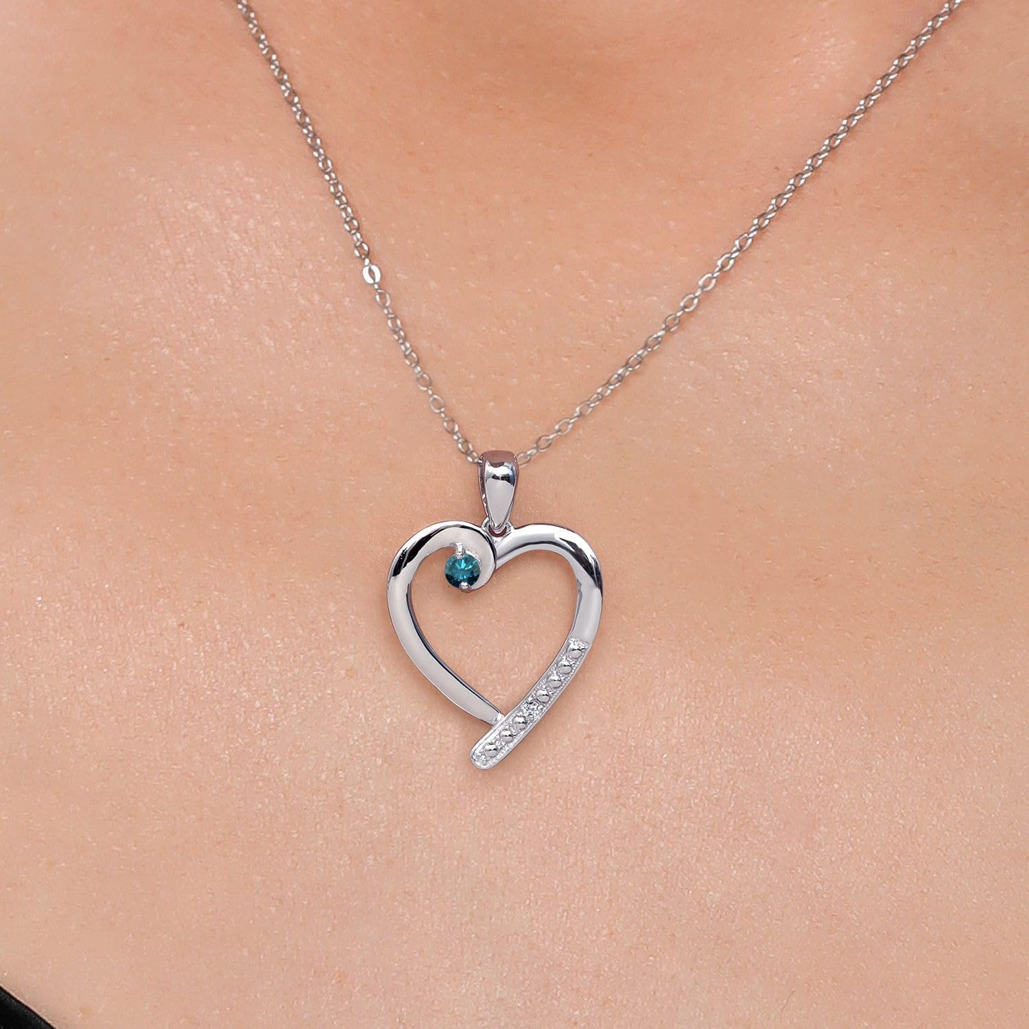 Gem Stone King 925 Sterling Silver Blue Diamond and White Topaz Heart Pendant Necklace for Women | 0.17 Cttw | Gemstone April Birthstone | Round 3.5MM | With 18 Inch Chain - Image 3