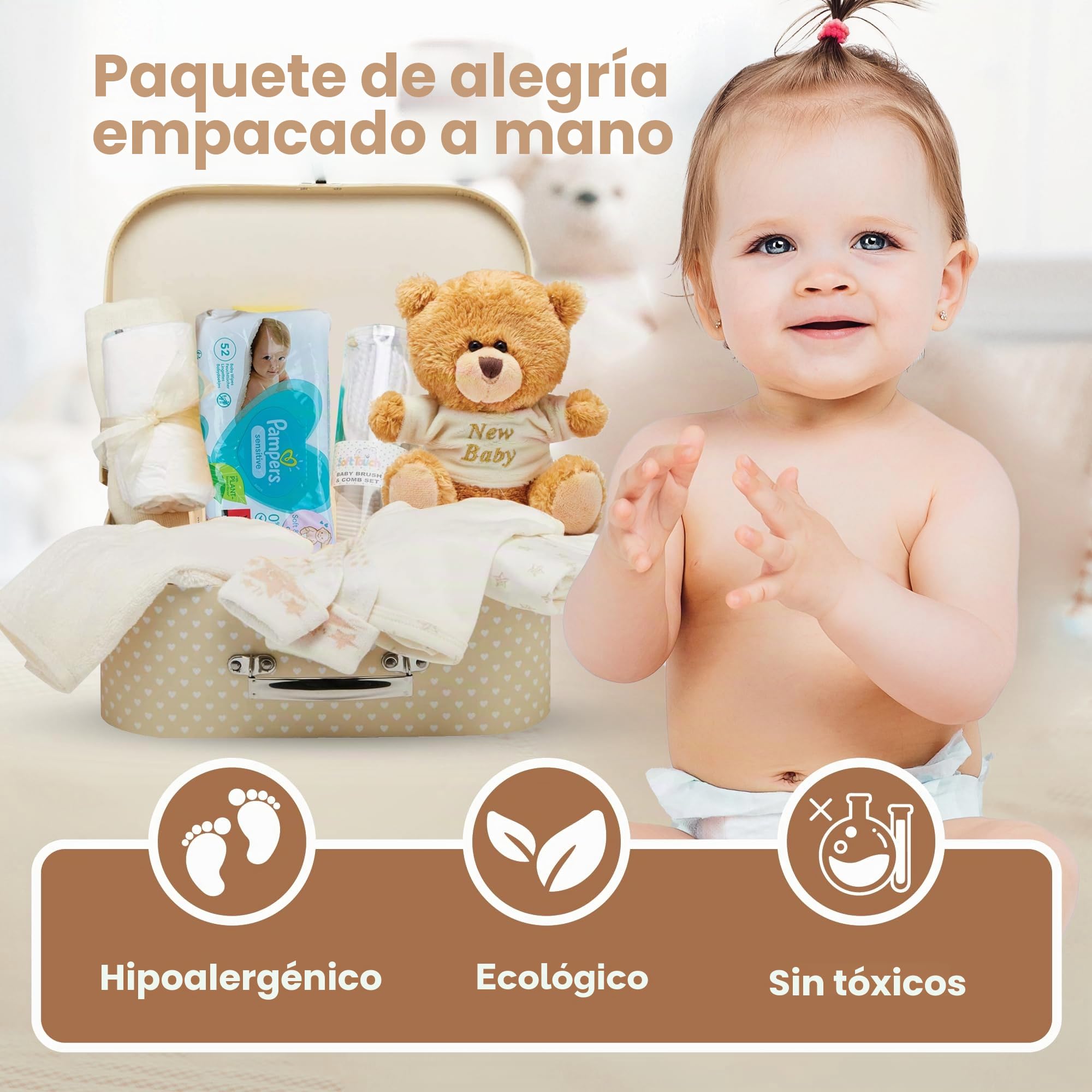 Cesta de Bebé Recién Nacido Estilo Maletín – Caja de Recuerdos de Bebé Crema con Osito, Muselina, Ropa y Otras Cosas de Bebé Esenciales - Cesta de Bebé para Baby Shower