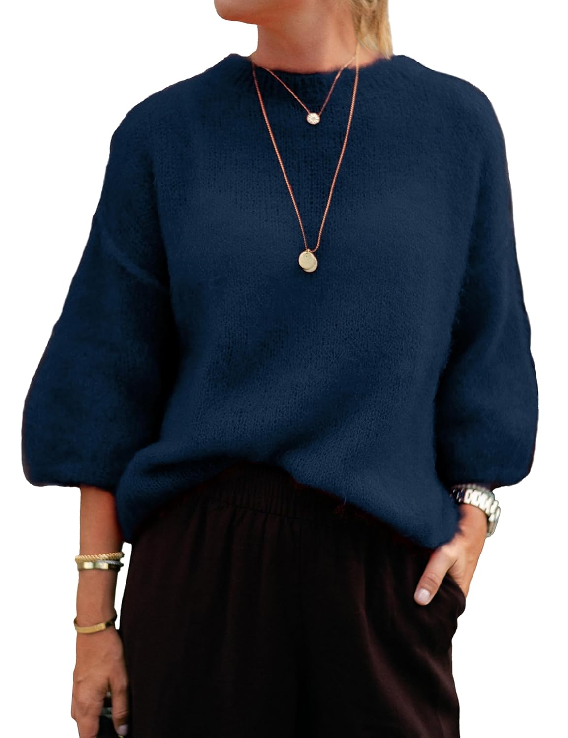 Womens 3 4 Length Sleeve Sweater Casual Loose Crew Neck Drop Shoulder Knitted Solid Jumper Top Sweaters