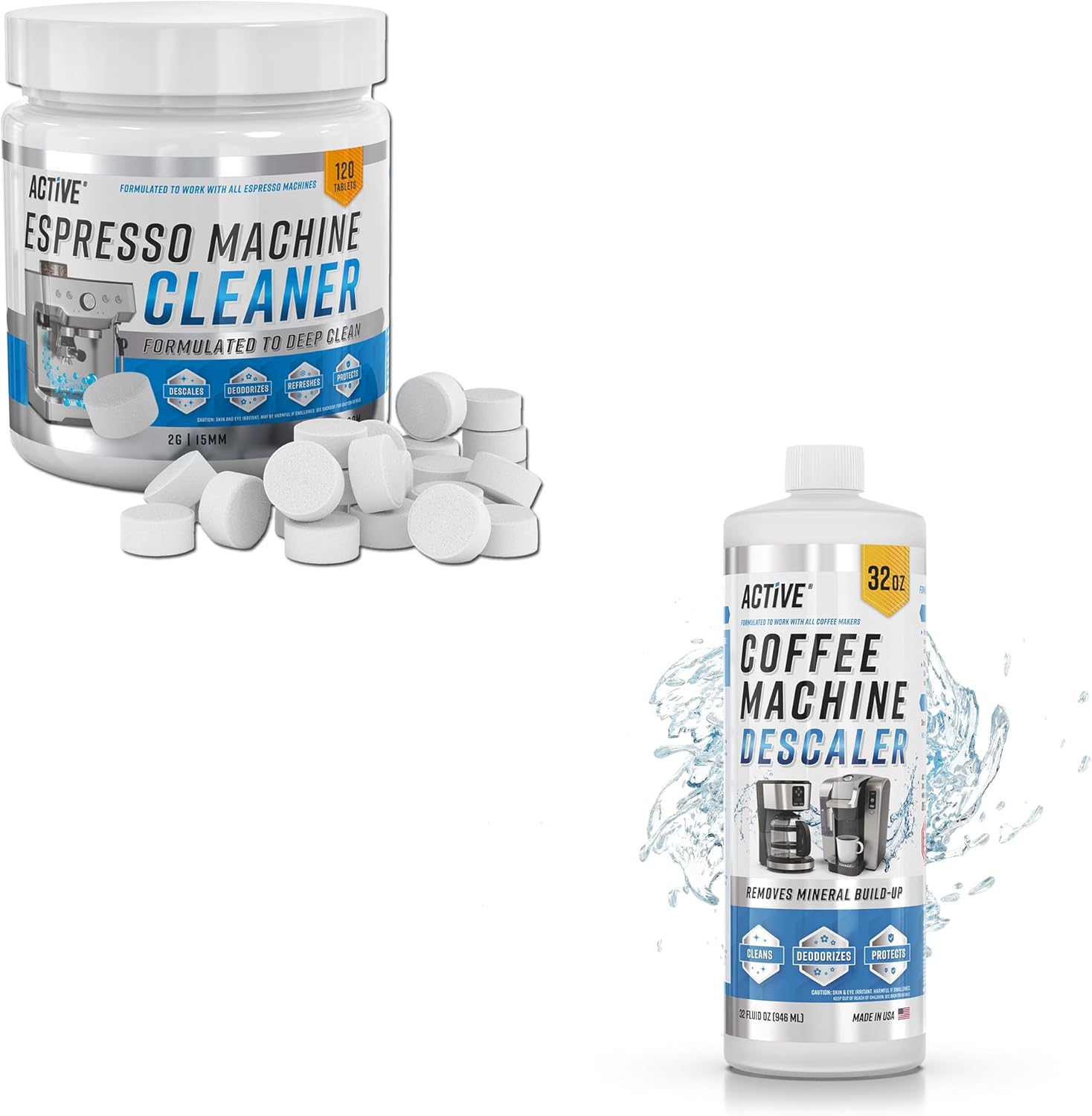 ACTIVE Espresso Machine Cleaner and Coffee Machine Descaler - Includes 120ct Espresso Maker Cleaning Tablets and 32oz Coffee Maker Descaling Solution