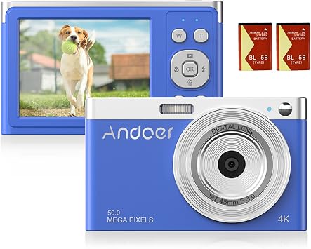 Andoer Compact 4K Digital Camera Video Camcorder 50MP 2.88Inch IPS Screen Auto Focus 16X Zoom Anti-Shake Face Detact Smile Capture Built-in Flash with 2pcs Batteries Carry Bag Wrist Strap