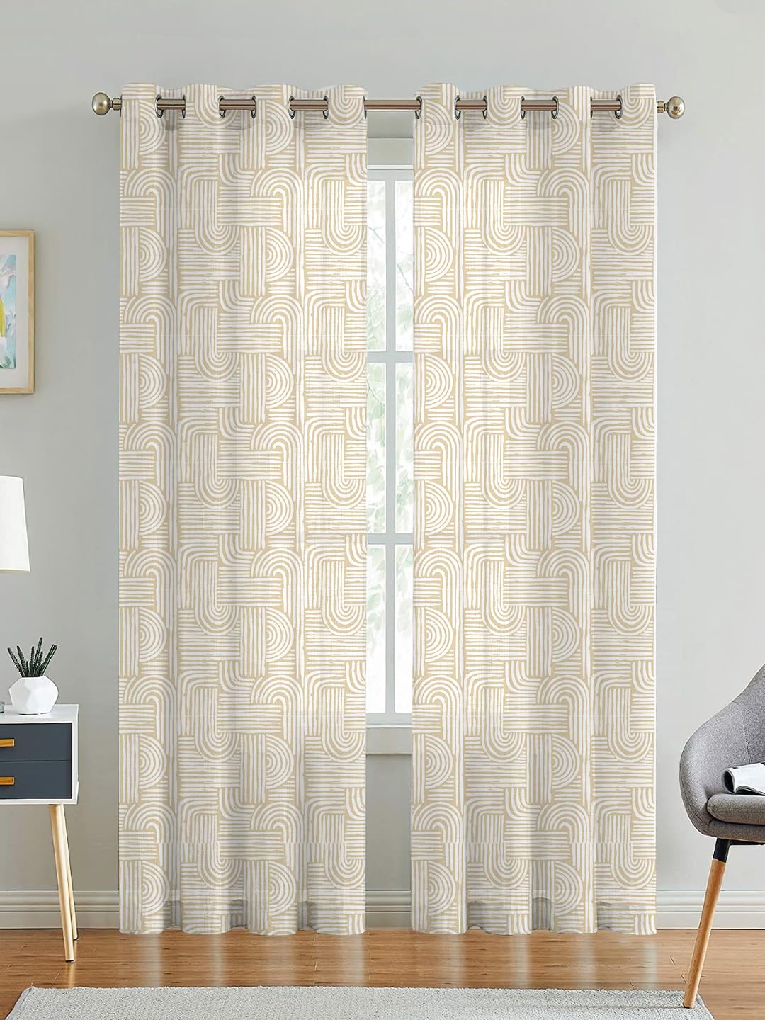 LINENWALAS Decorative Printed Cotton Sheer Curtains 7 Feet Long Set of 2 Panel, Eyelet Ring Hanging, Waves Printed Door Curtains for Living Room, Home Decor (L-7 x W-4.5 Feet, Retro Waves); beige