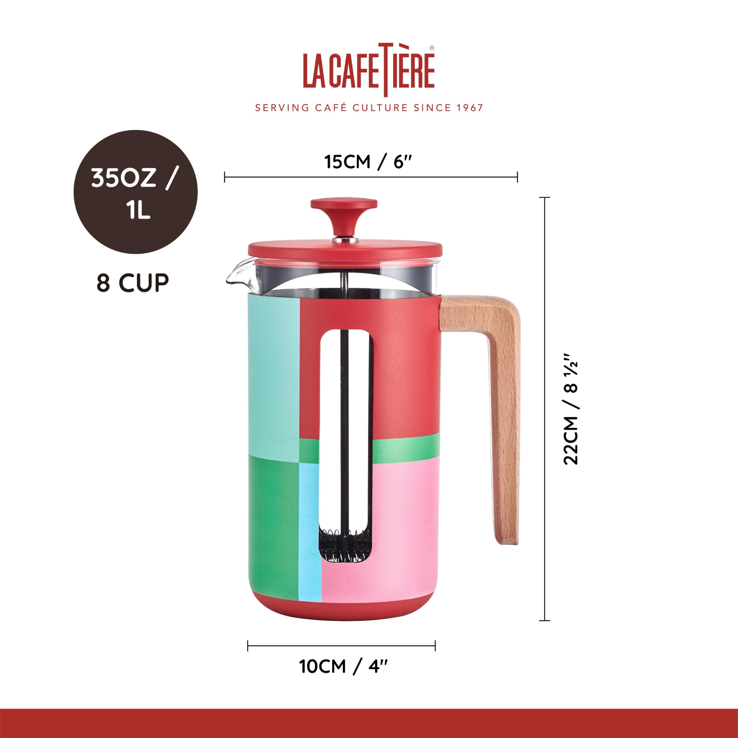 La Cafetière Pisa - Cafetera grande de prensa francesa con diseño geométrico de 8 tazas, cafetera de cerámica resistente al calor de 1 L, té suelto y café molido, Utopian Lines