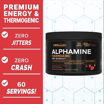 PEScience Alphamine Thermogenic Pre-Workout, Fat Burning PreWorkout Energy Powder with L-Carnitine - Melon Berry Twist, 60 Scoops