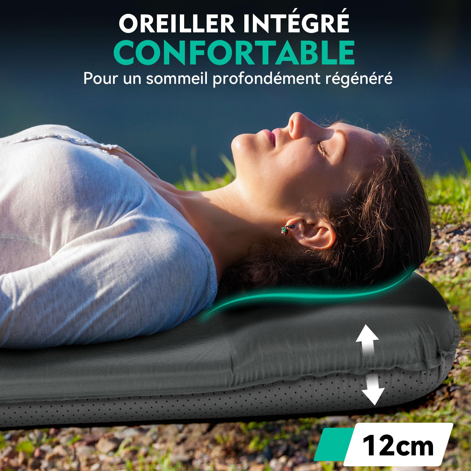 HIKENTURE Matelas Autogonflant en Mousse 8 cm - Ultra-Confort | Avec Oreiller et Silencieux - Valeur-R 9,6 Isolant 4 Saison - Matelas Camping 1 place pour Trekking, Randonnée et Bivouac