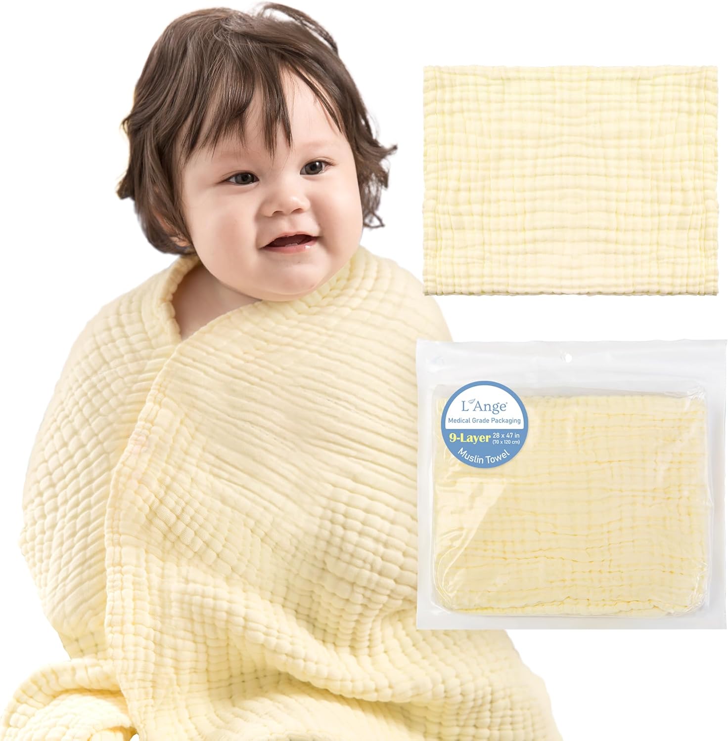 L'Ange Baby Bath Towel - 9 Layers 100% Cotton Muslin, Super Quick Dry, Medical Grade Packaging for Infants and Newborns - 28 x 37in - Yellow