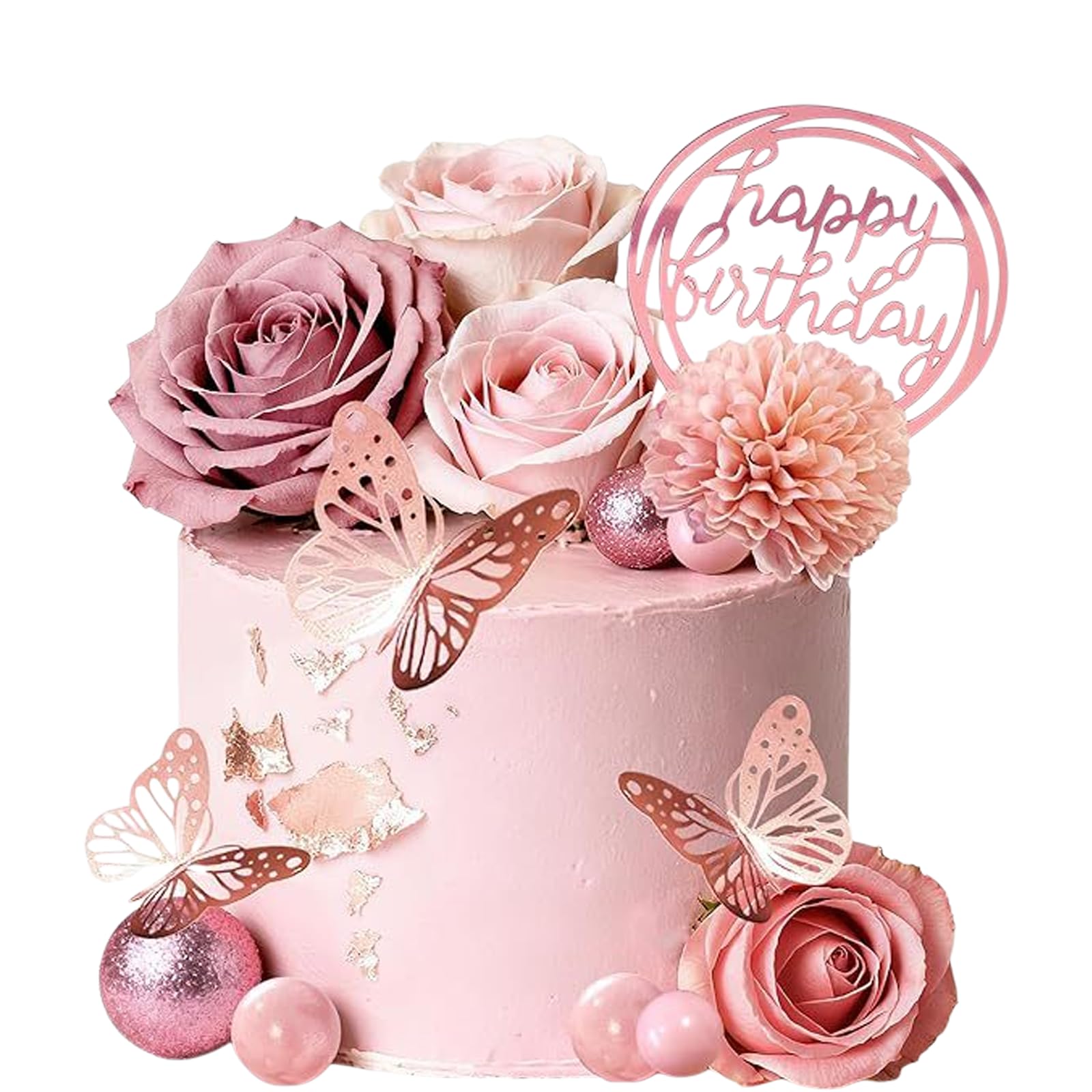 Livzikaroa Flower Cake Topper Set, Rose Gold Happy Birthday Cake Decorations with 5 Artificial Flowers 12 Butterflies and 9 Ball Accents for Birthday Wedding and Home Parties