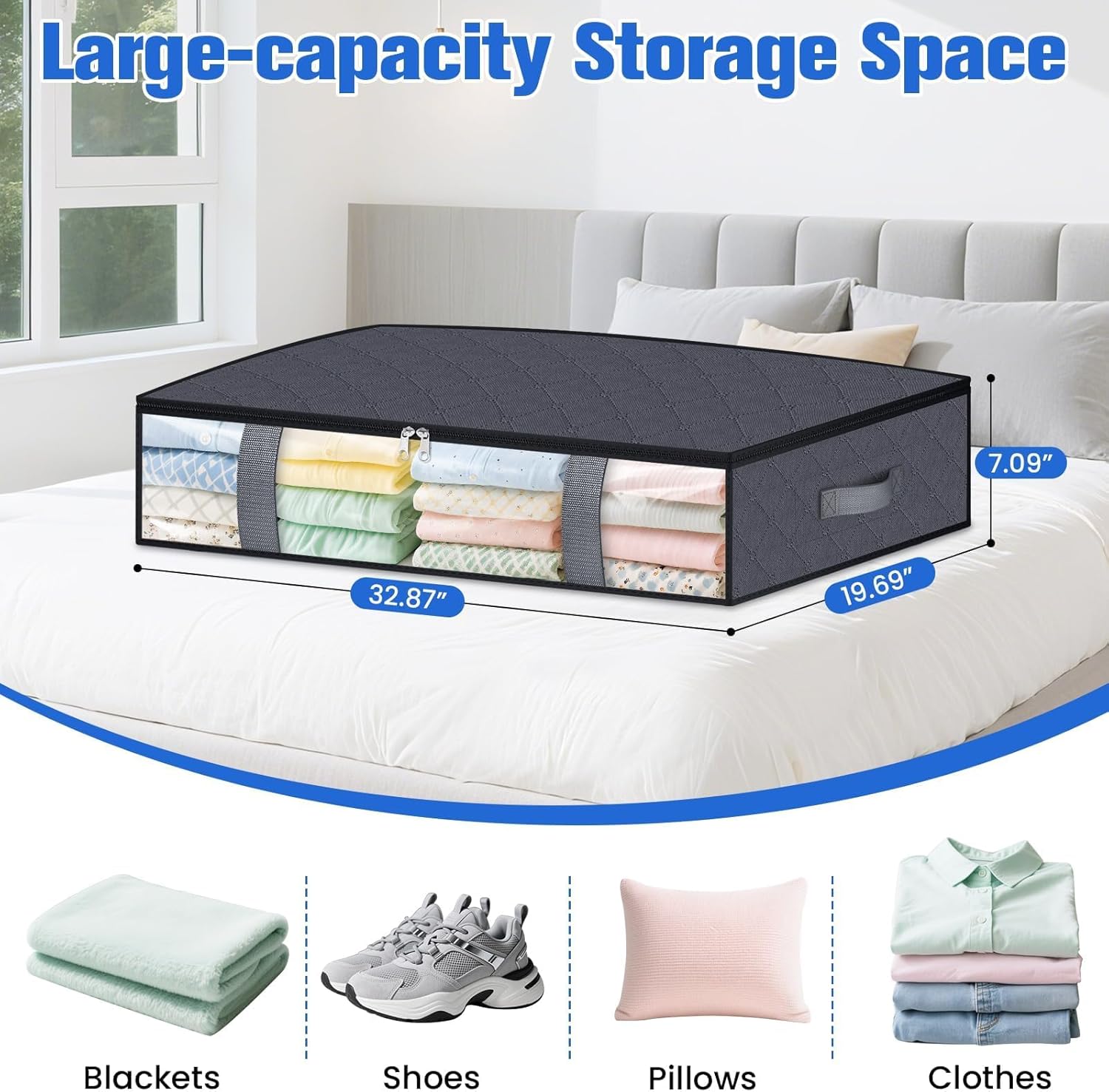 Under Bed Storage Containers, 8 Pack Blanket Storage Bags, Collapsible Storage Bags with Big Zippers, Clear Front, Shoe Storage and Organization for Clothes, Comforter, 75L, Grey