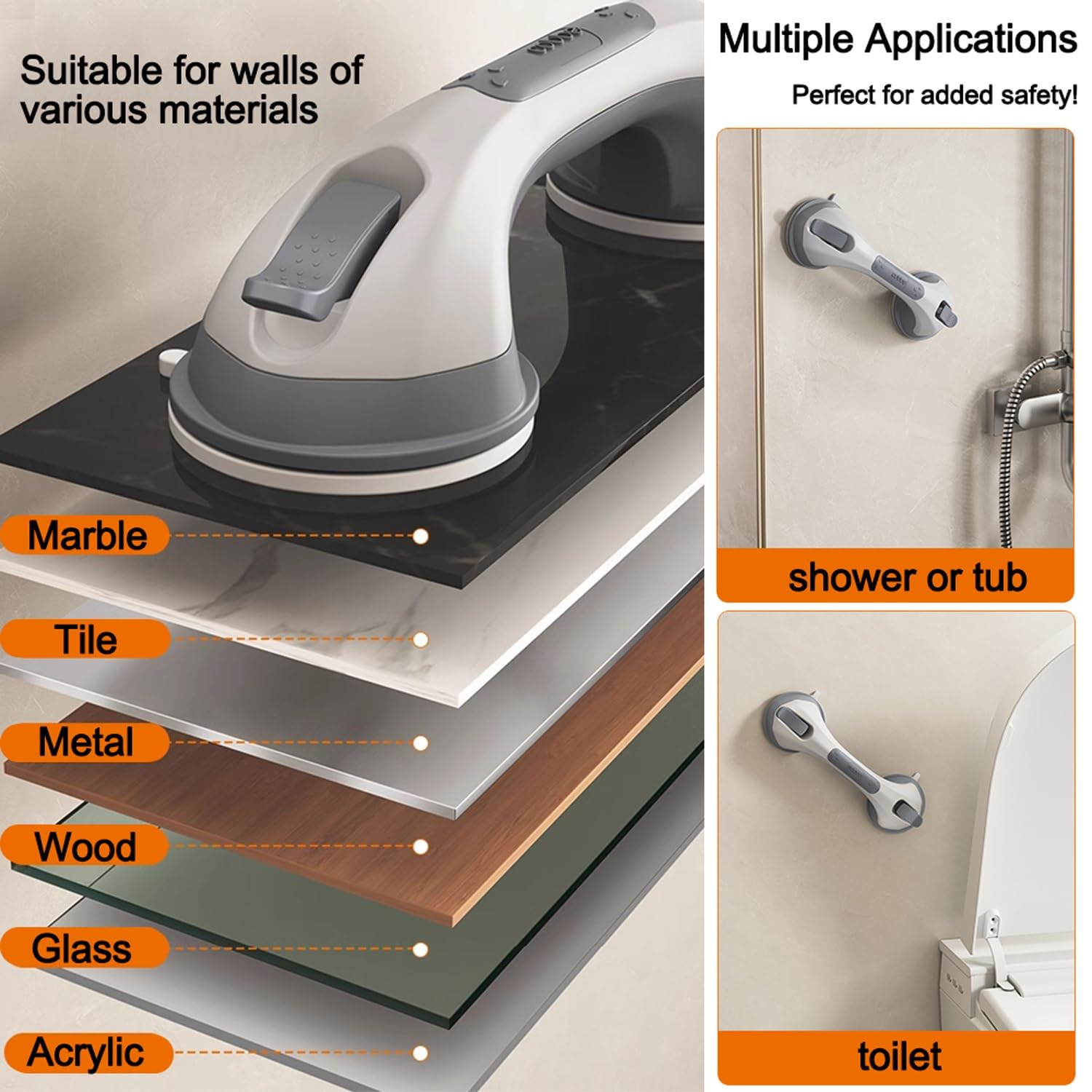 Barras de agarre para bañeras y duchas, ganchos con ventosa, tazas de ducha, asas de pared, rieles de seguridad para inodoro de ancianos, accesorios de baño (43 cm)
