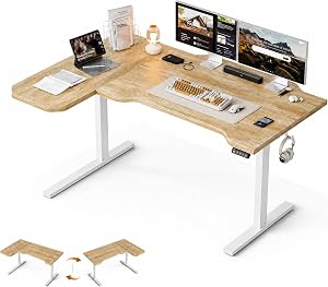 Grandder 47" L Shaped Standing Desk, Electric Height Adjustable Corner Stand Up Desk with Ergonomic Curved Round Corner for Small Apartment Home Office, Oak Desktop White Frame